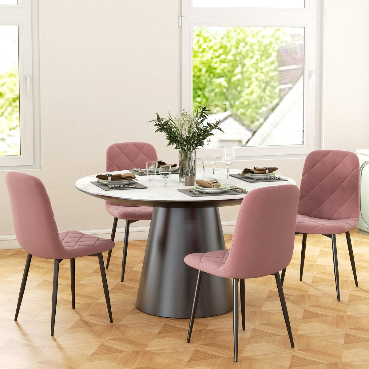 Spisestuestoler, sett med 4 kjøkkenstoler med ryggstøtte, fløyelslook, lenestol 45 x 54 x 87 cm rosa