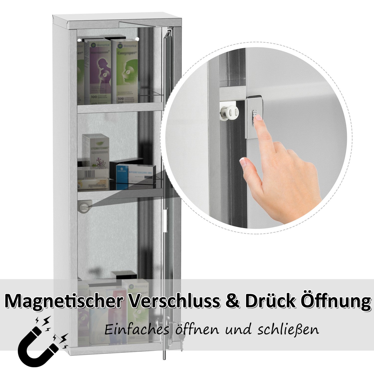 Medicinskåp i rostfritt stål med frostat glas, 20x12x58 cm