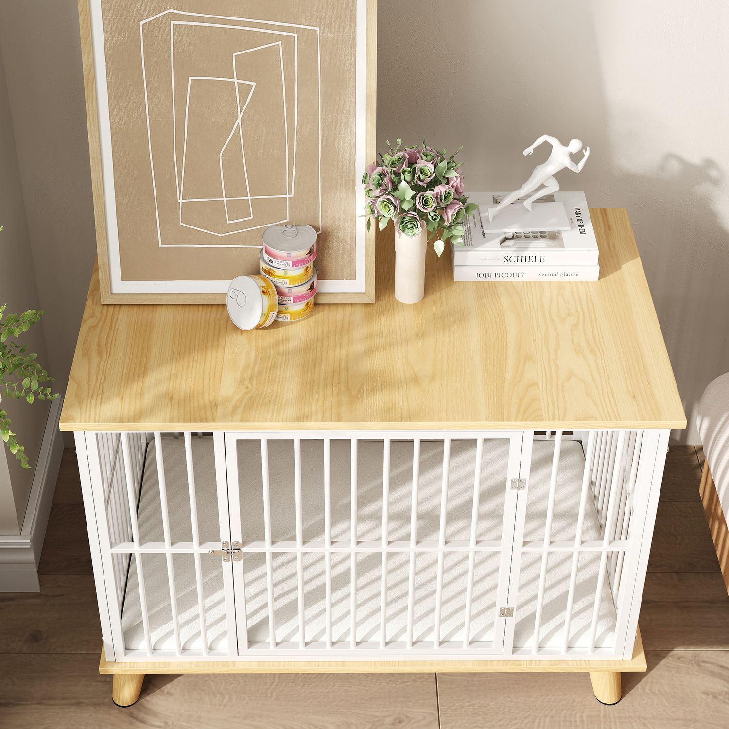 Medium hundbur med kudde och låsbar dörr, ek