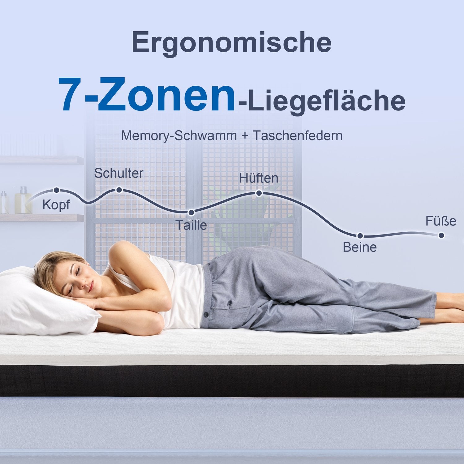 Memory Foam-madrass, 7-zons stöd, pocketfjädrar