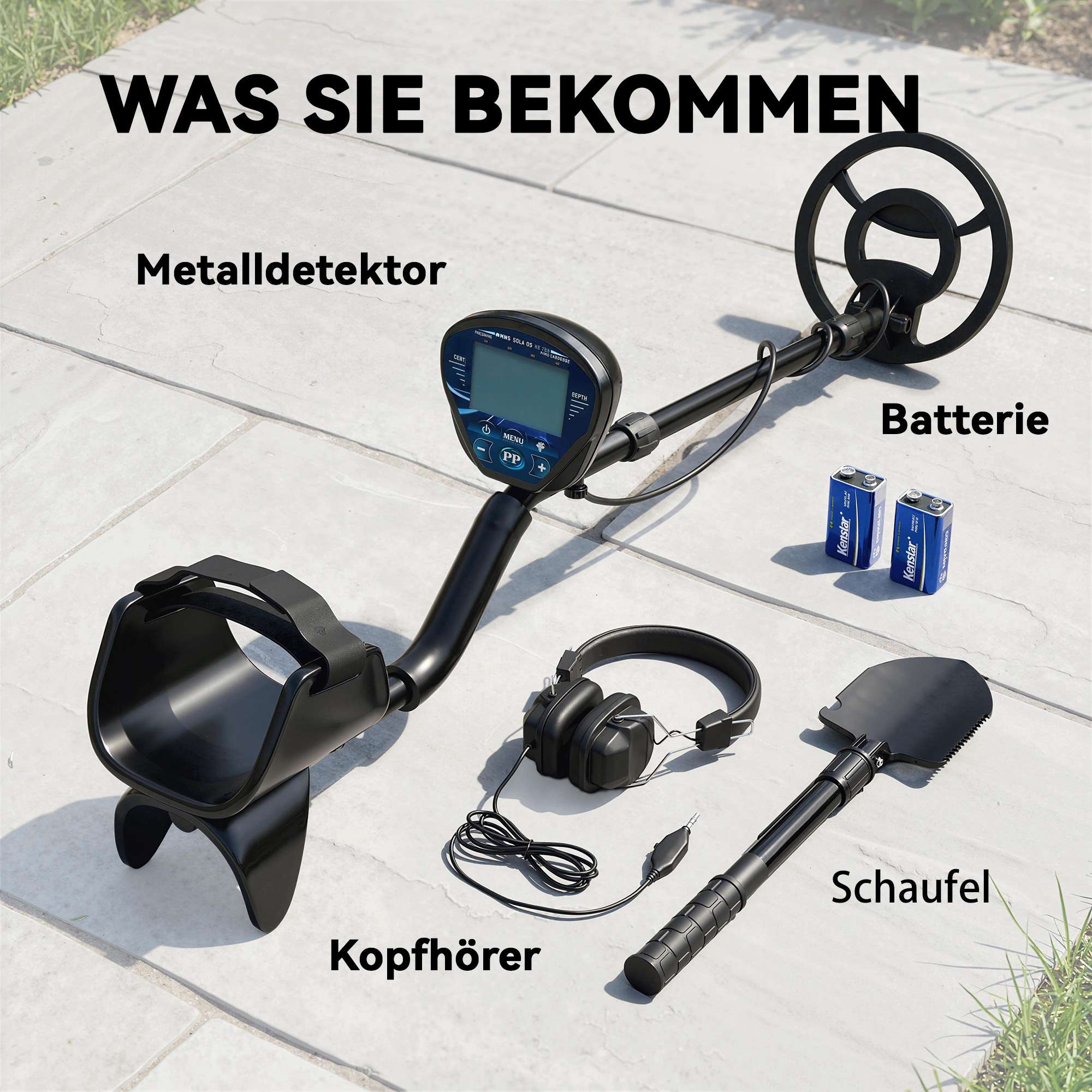 Metalldetektorset med spade och hörlurar, 18 cm djup