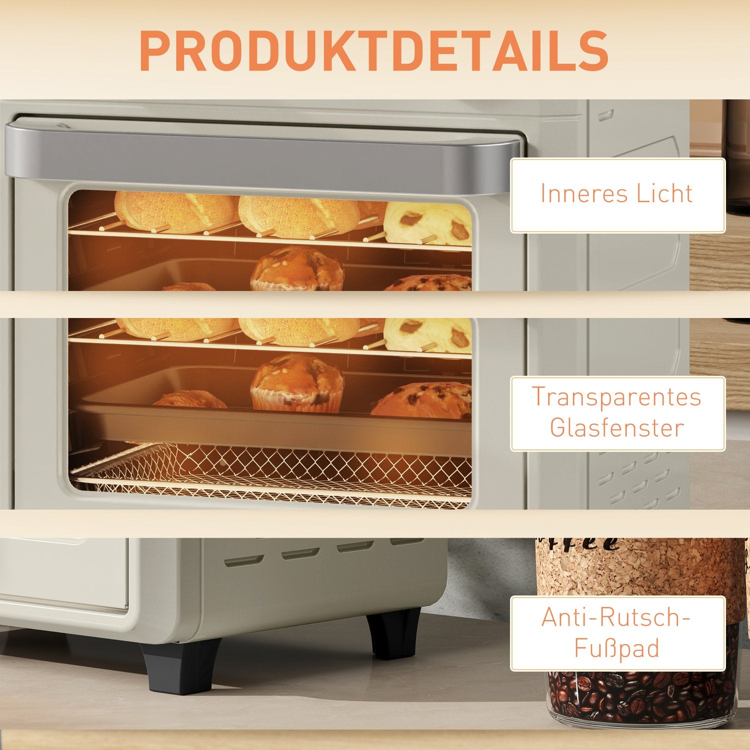 Mini Air Fryer Ugn 10L, Rostfritt Stål, Pekskärm, 1000W