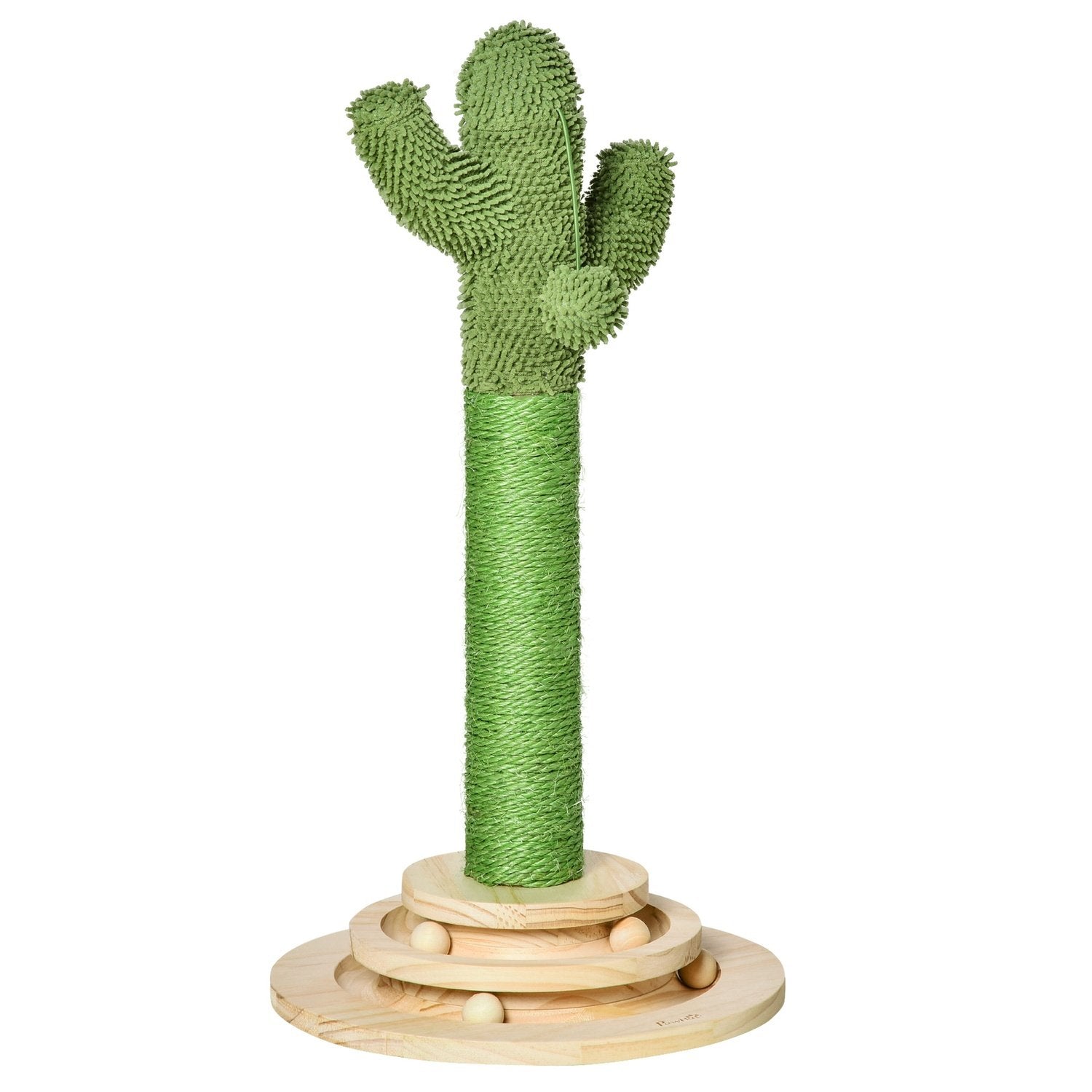 Cat Scratching Post Cactus Design, Pine Wood & Sisal Rep, With Wooden Ball Toy, 60Cm, Green+Natural