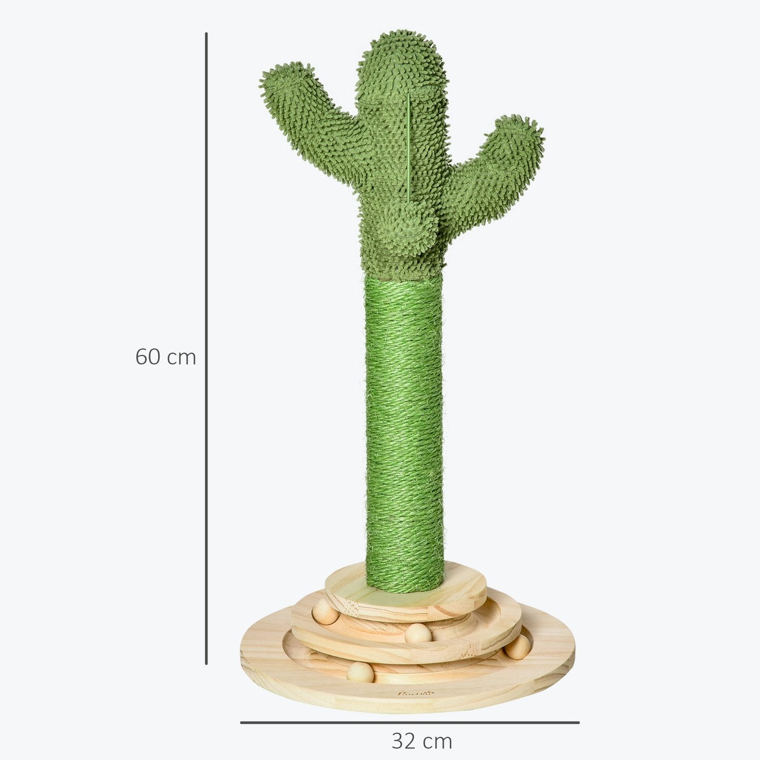 Cat Scratching Post Cactus Design, Pine Wood & Sisal Rep, With Wooden Ball Toy, 60Cm, Green+Natural