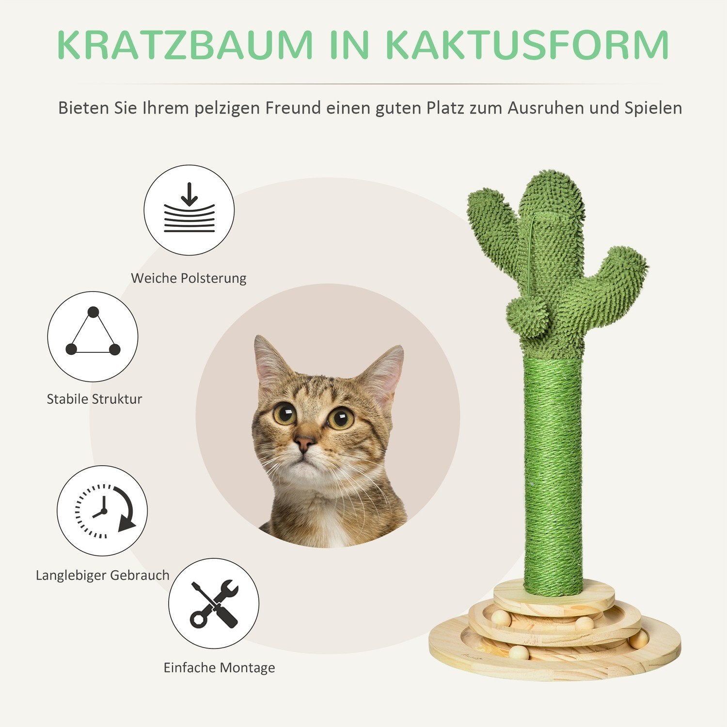 Cat Scratching Post Cactus Design, Pine Wood & Sisal Rep, With Wooden Ball Toy, 60Cm, Green+Natural