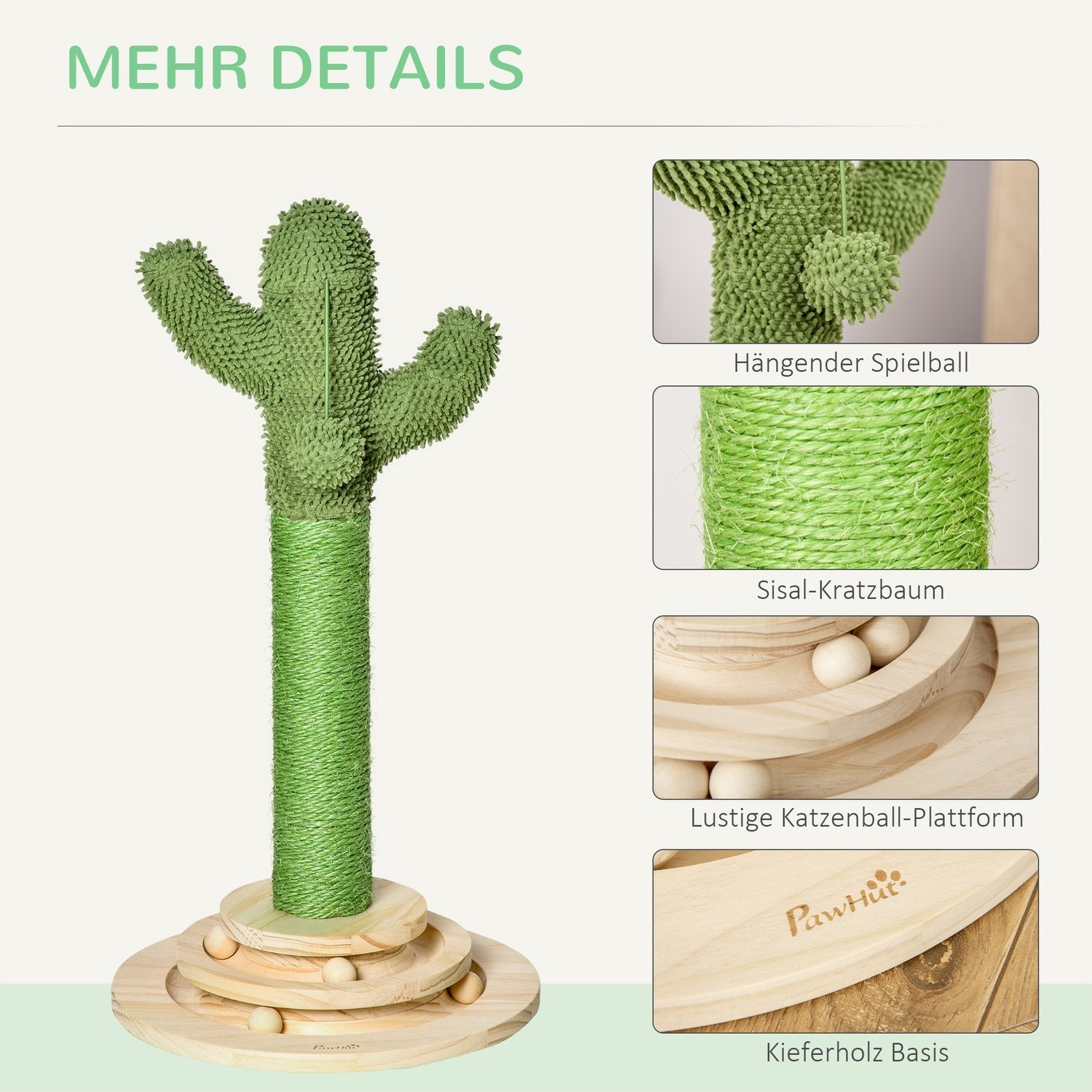 Cat Scratching Post Cactus Design, Pine Wood & Sisal Rep, With Wooden Ball Toy, 60Cm, Green+Natural