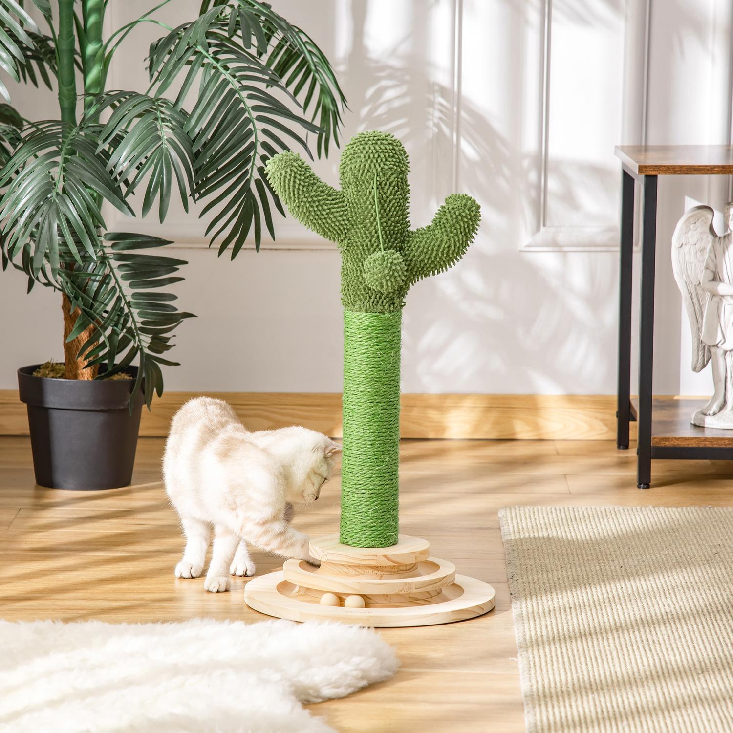 Cat Scratching Post Cactus Design, Pine Wood & Sisal Rep, With Wooden Ball Toy, 60Cm, Green+Natural