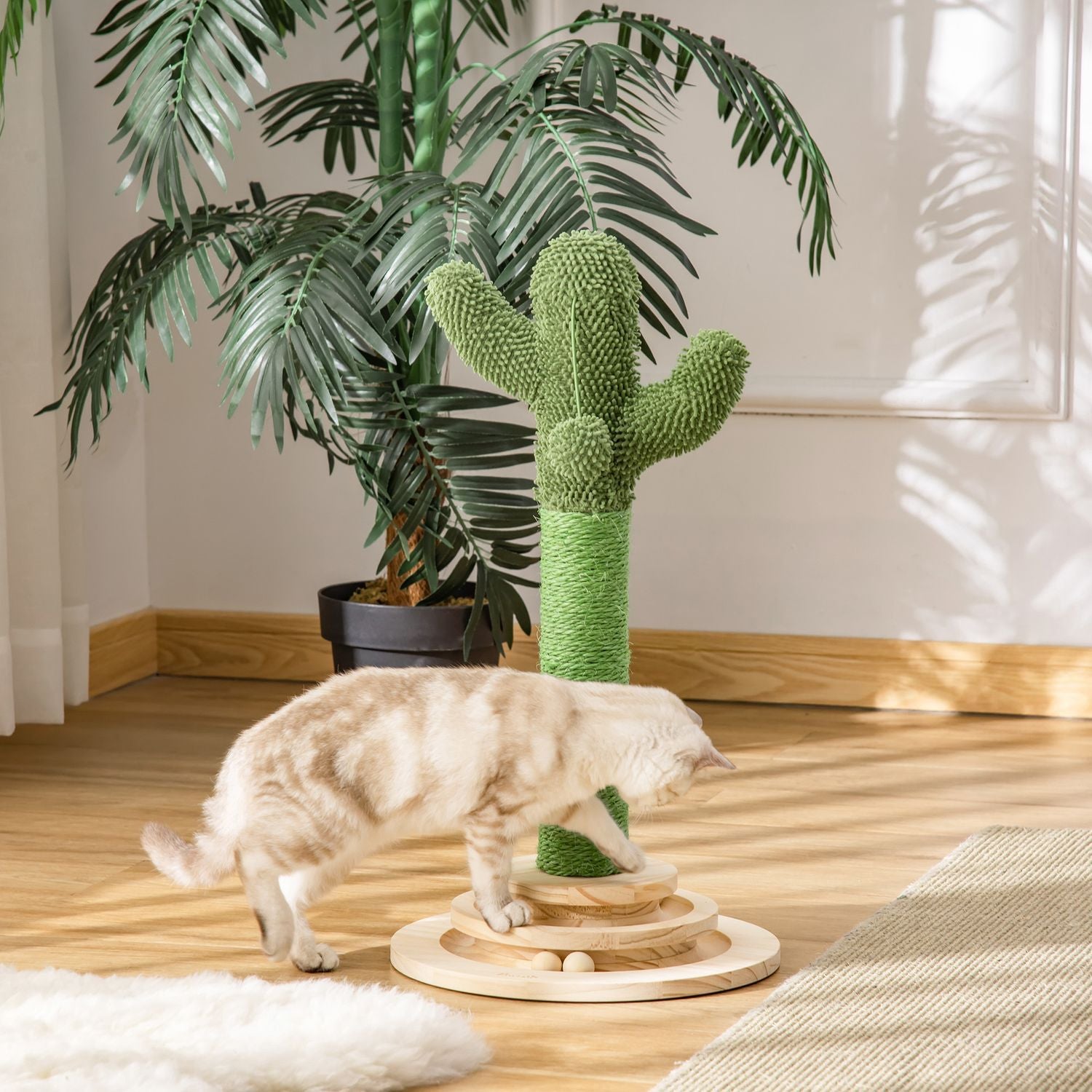 Cat Scratching Post Cactus Design, Pine Wood & Sisal Rep, With Wooden Ball Toy, 60Cm, Green+Natural