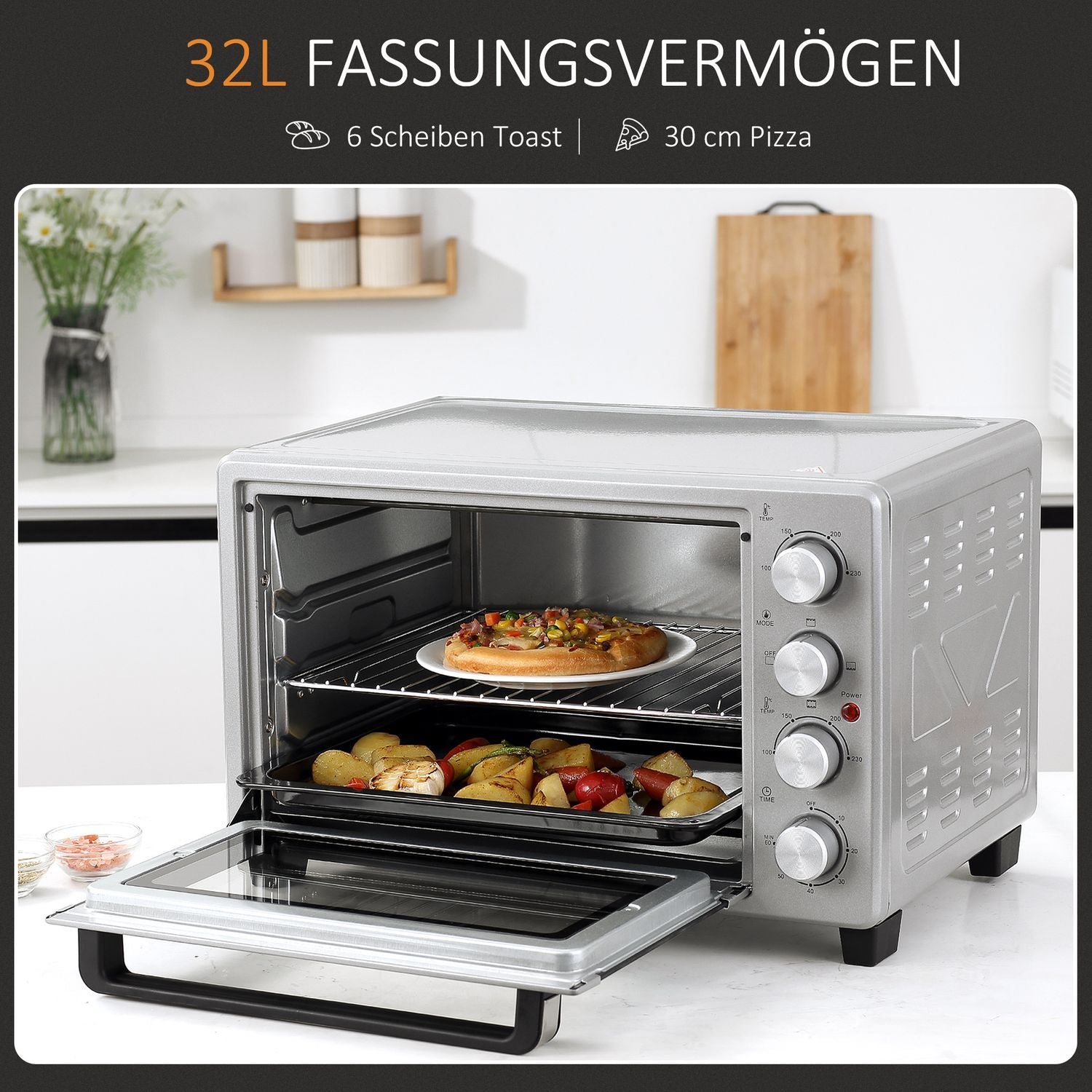 Miniovn 32L, 1600W, elektrisk ovn med slaggoppsamlingsbrett, rustfritt stål og glass, sølv, 52,2X38,1X33,5 cm