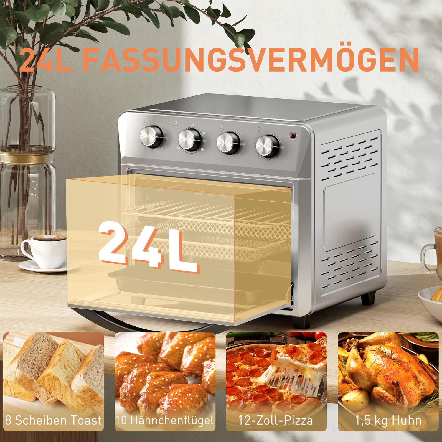 Miniugn med varmluft, airfryer, 24L, 6 lägen, timer, silver