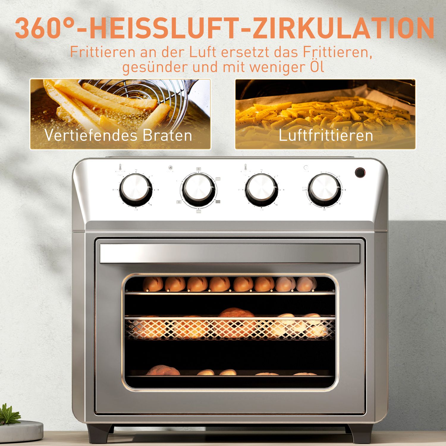 Miniugn med varmluft, airfryer, 24L, 6 lägen, timer, silver