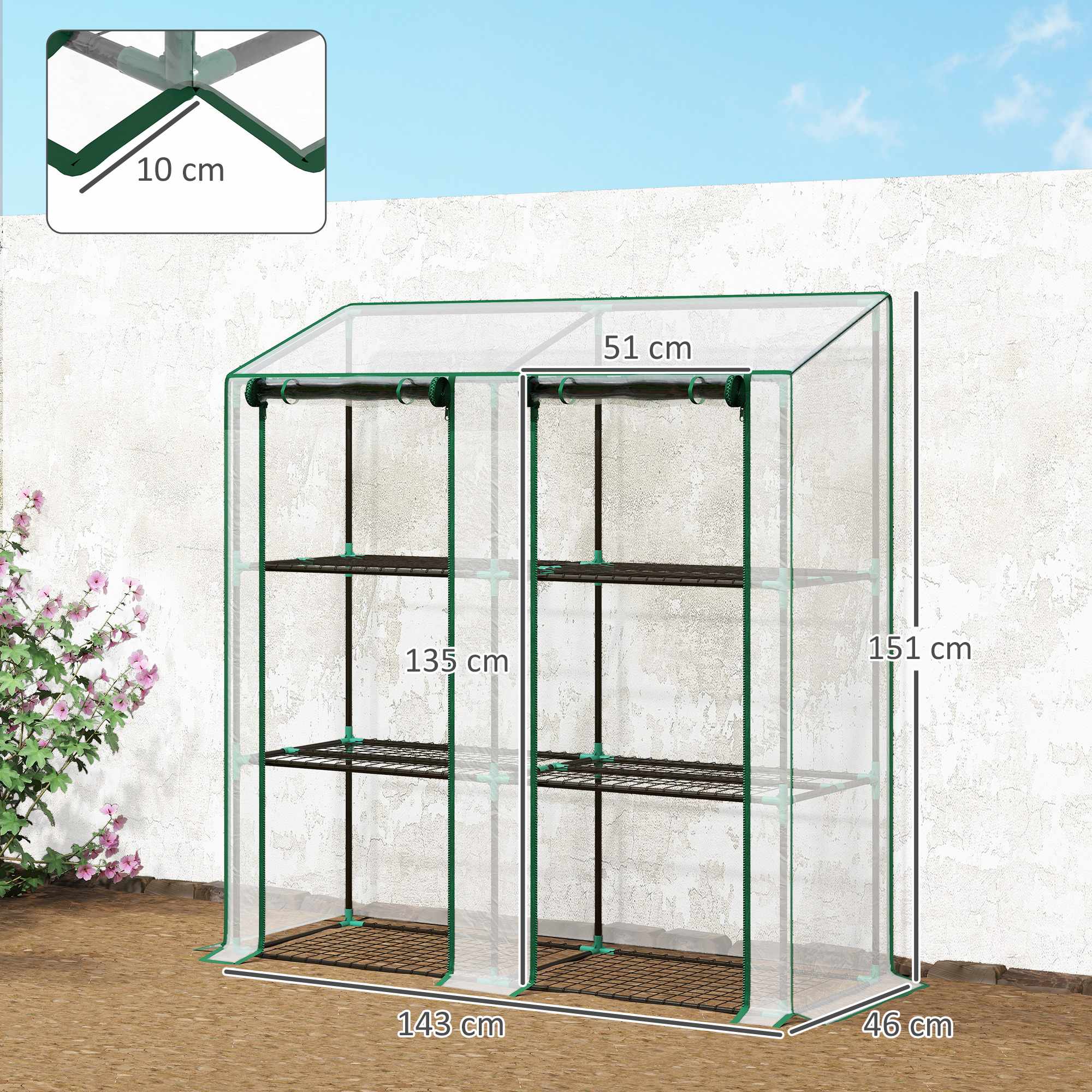 Miniväxthus med 3 våningar, 6 trådhyllor och transparent lock