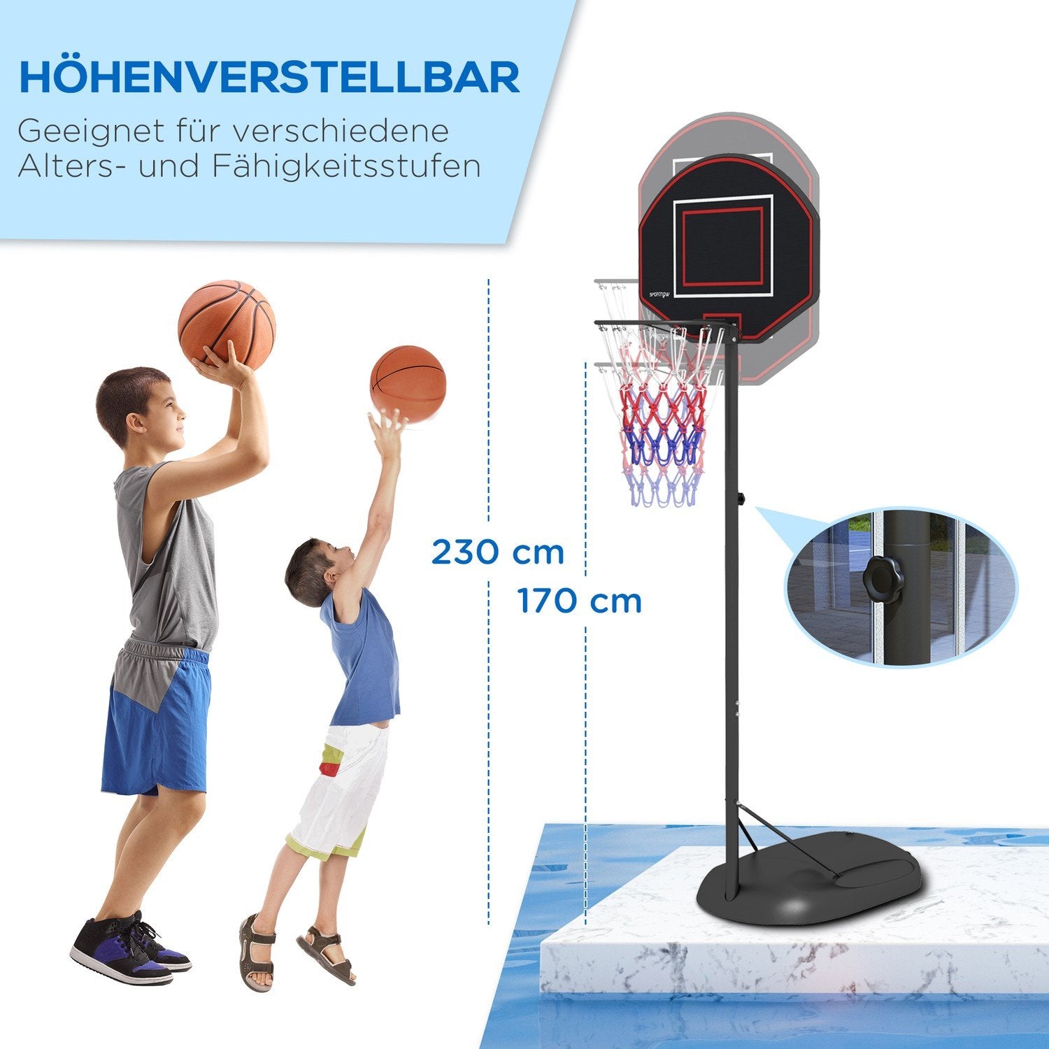 Basketbågsstativ 221-282Cm Höjdjusterbar Sprosssäker Bakvägg Hjul Basketsystem Vuxna Stål Svart