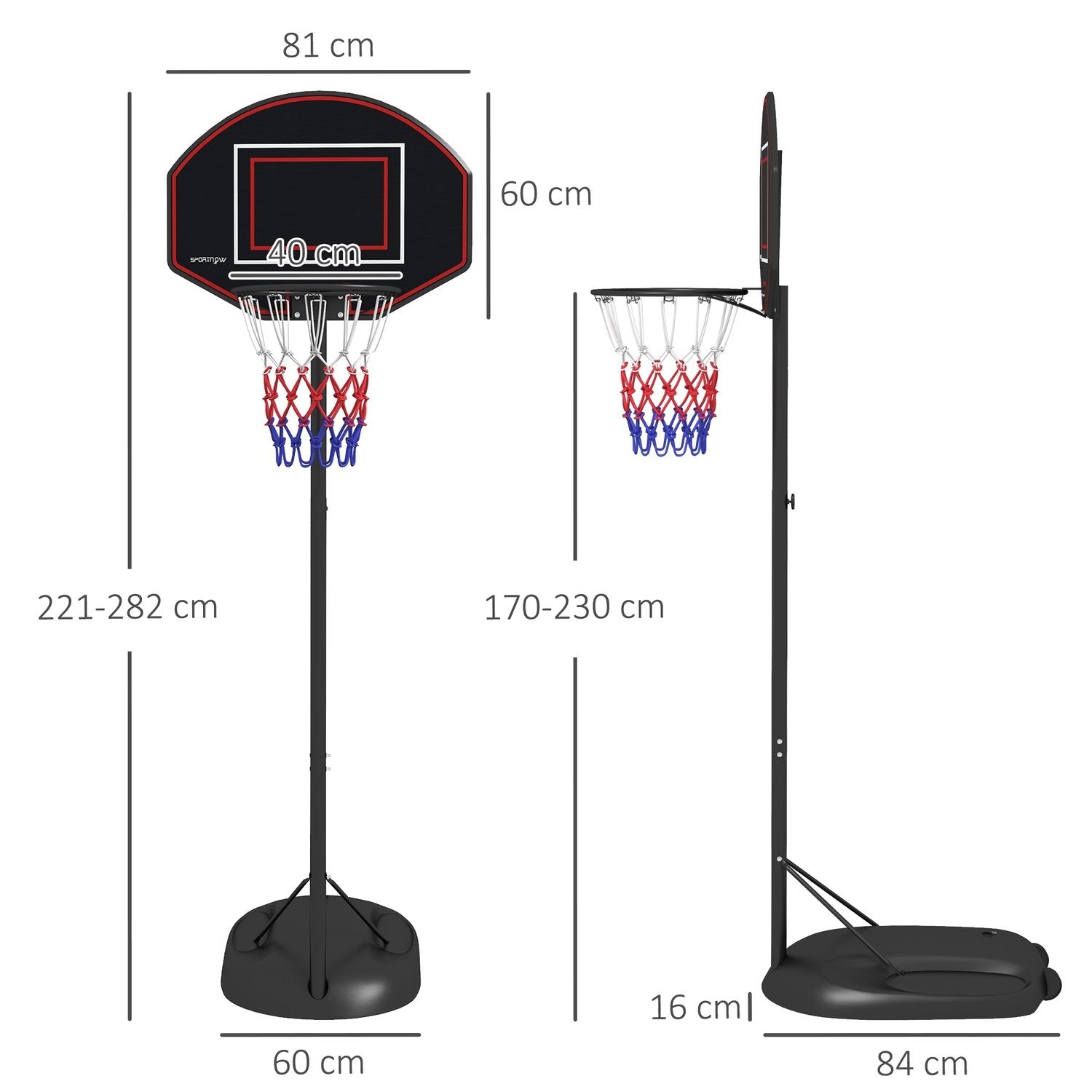 Basketbågsstativ 221-282Cm Höjdjusterbar Sprosssäker Bakvägg Hjul Basketsystem Vuxna Stål Svart