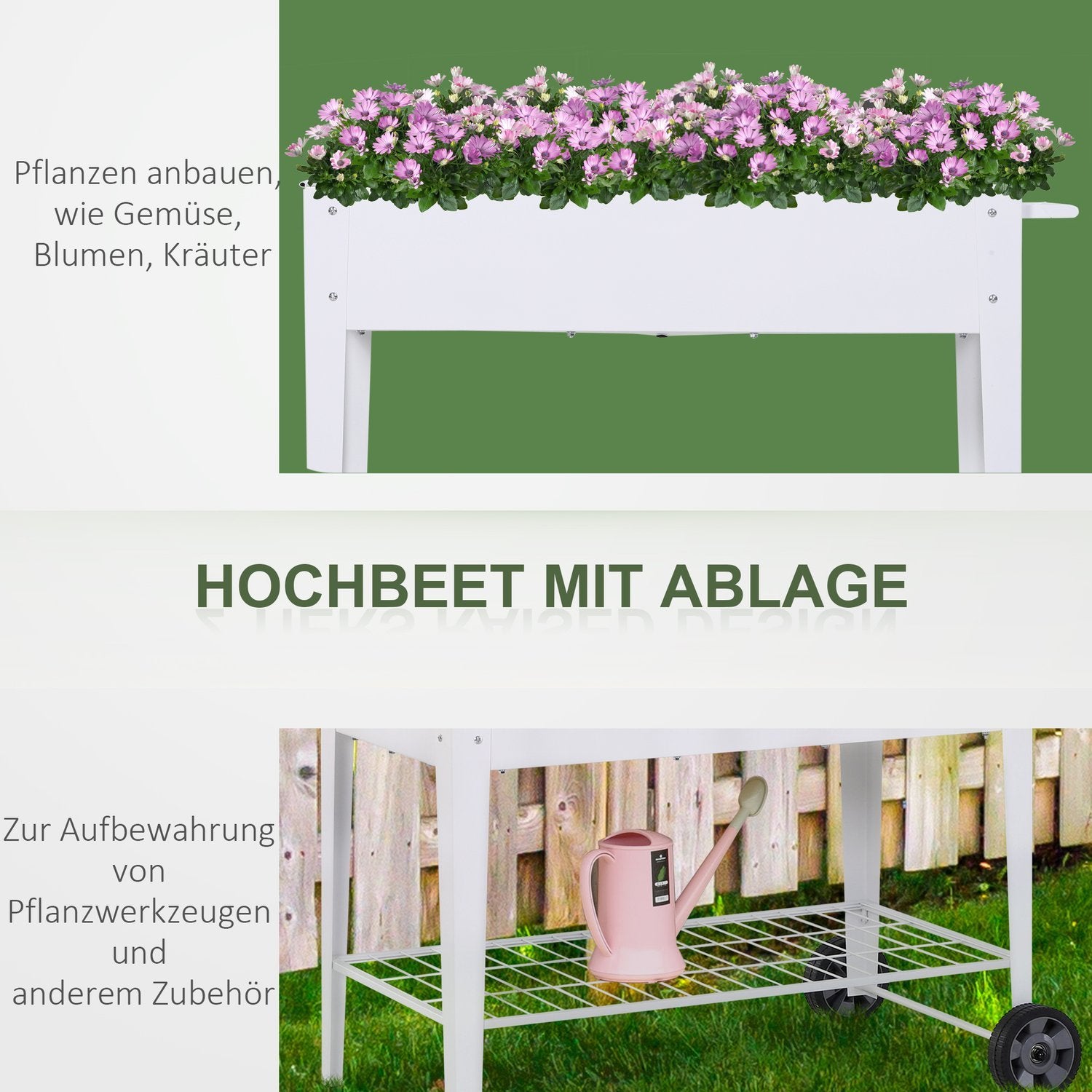 Høyseng Mobil plantevogn med oppbevaringsplass Planteseng med 2 hjul Metall Hvit 112 X 59 X 80 Cm