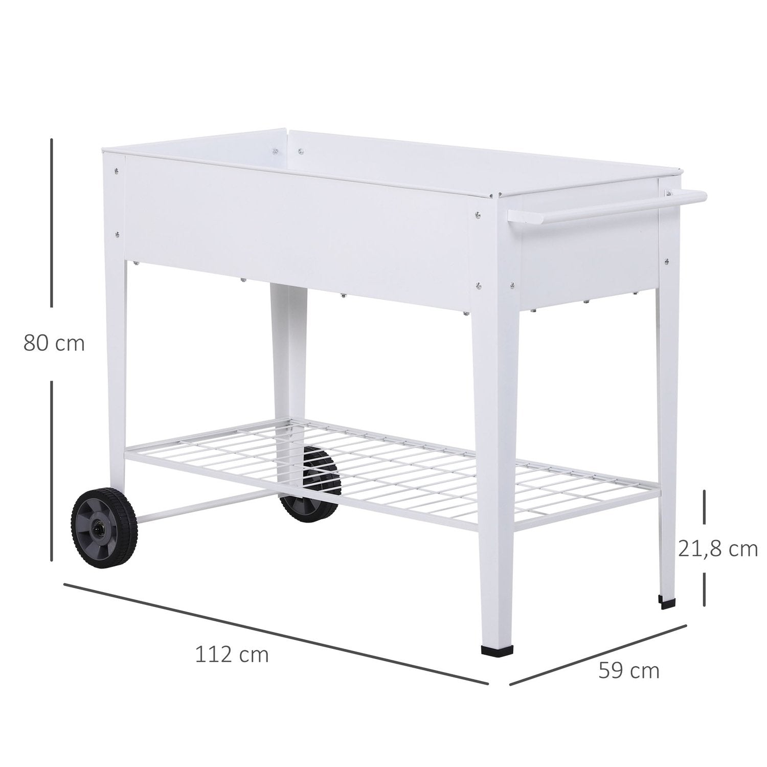 Høyseng Mobil plantevogn med oppbevaringsplass Planteseng med 2 hjul Metall Hvit 112 X 59 X 80 Cm