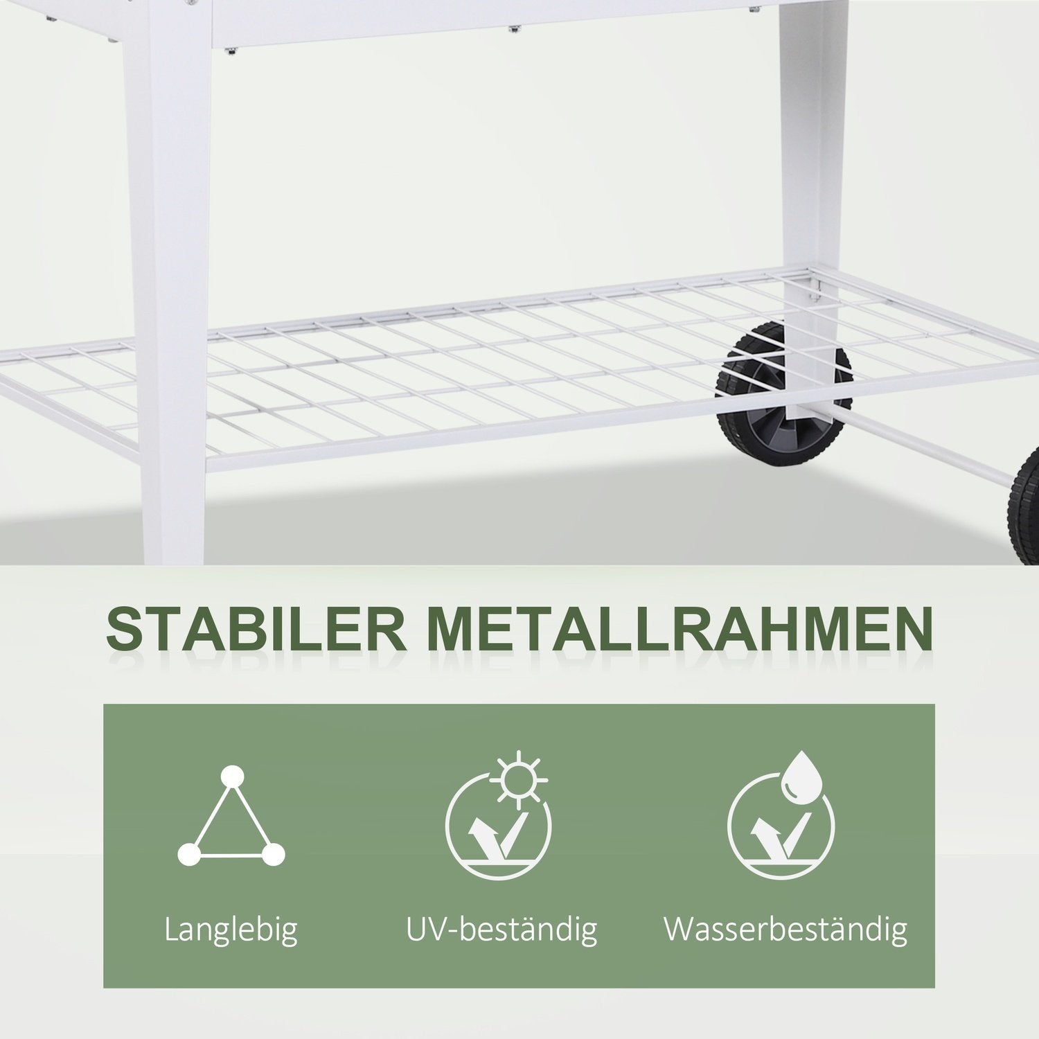 Høyseng Mobil plantevogn med oppbevaringsplass Planteseng med 2 hjul Metall Hvit 112 X 59 X 80 Cm