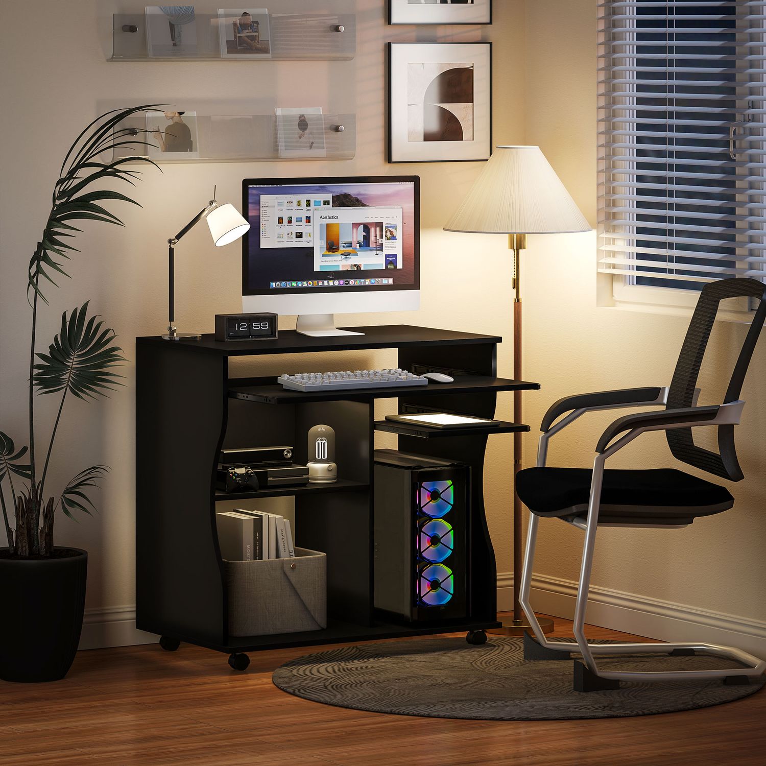 Mobilt datorbord med tangentbordshylla, svart 80x48x75 cm