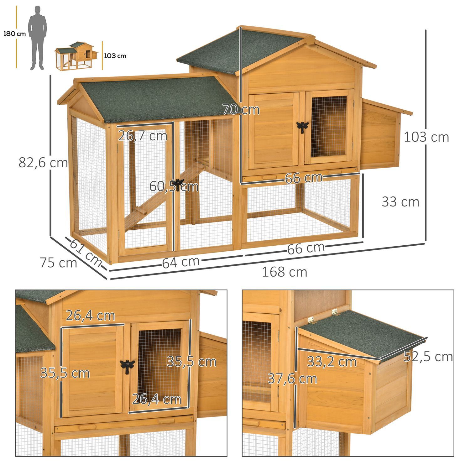 Bantam hønsehus Bantam House With Run Fjærfehus Med Bar Vindu Nest Box Gran Tre Gul + Grønn 168X75X103 Cm