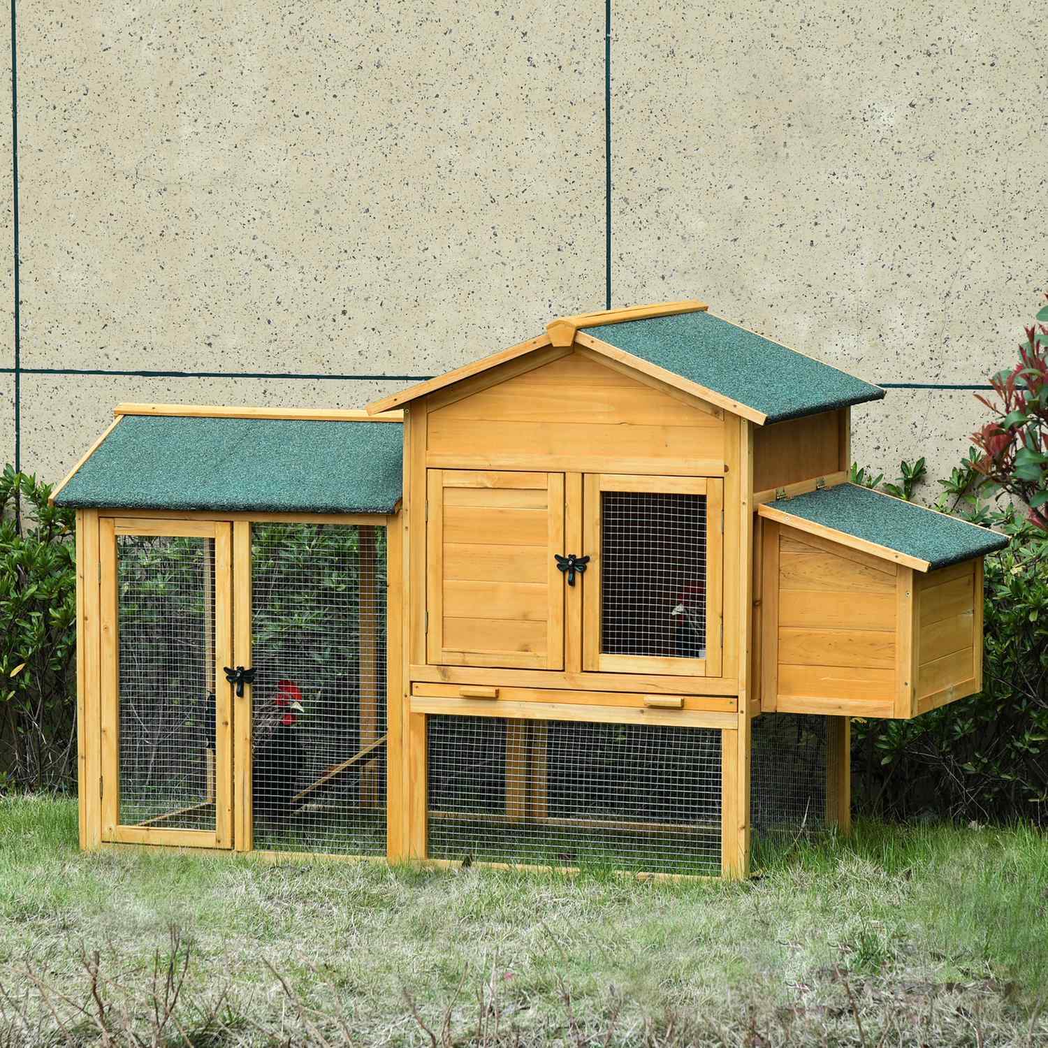 Bantam hønsehus Bantam House With Run Fjærfehus Med Bar Vindu Nest Box Gran Tre Gul + Grønn 168X75X103 Cm