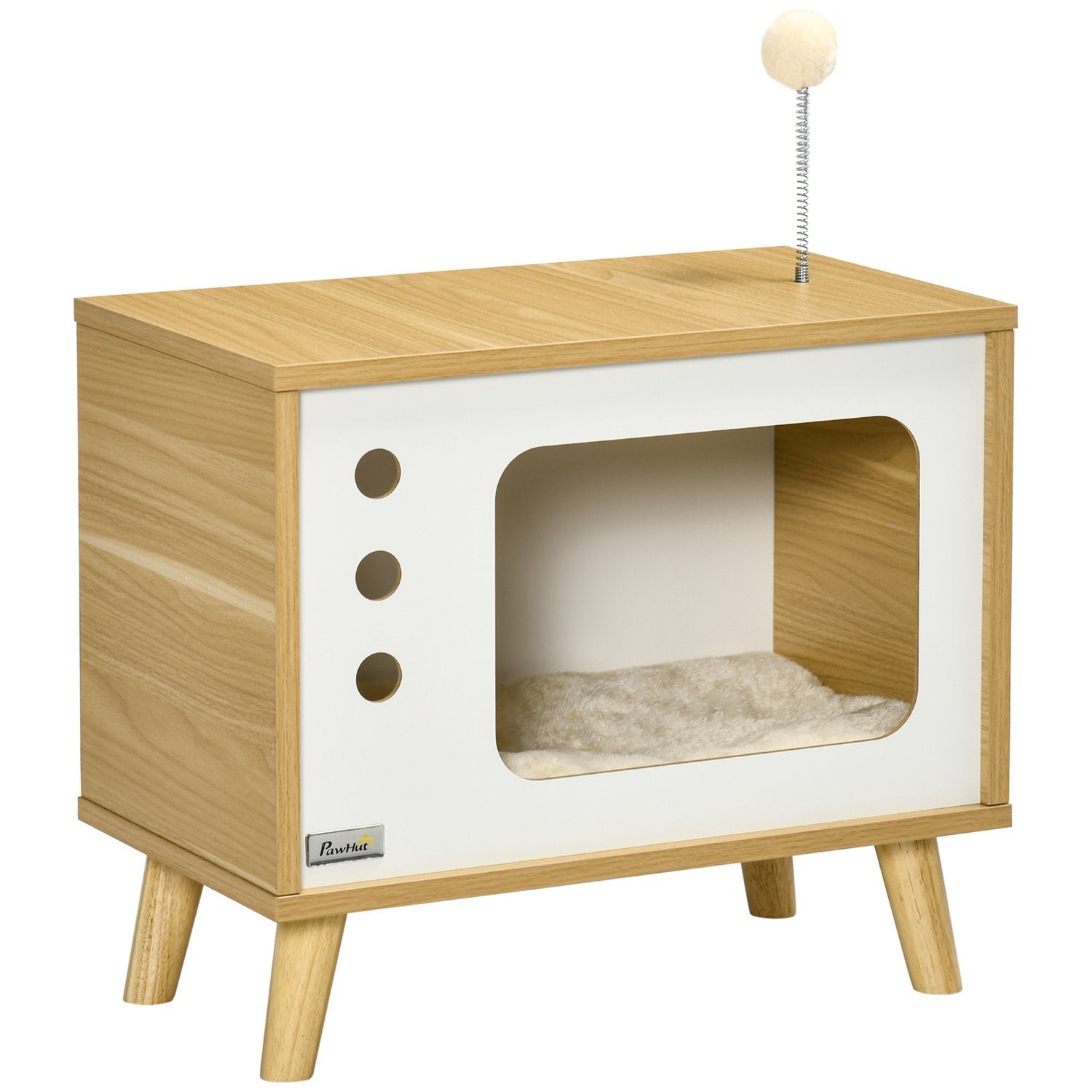 Kattehus i TV-design, lekeball og pute inkludert, kattekurv, eik/beige/hvit, 50X28X43Cm