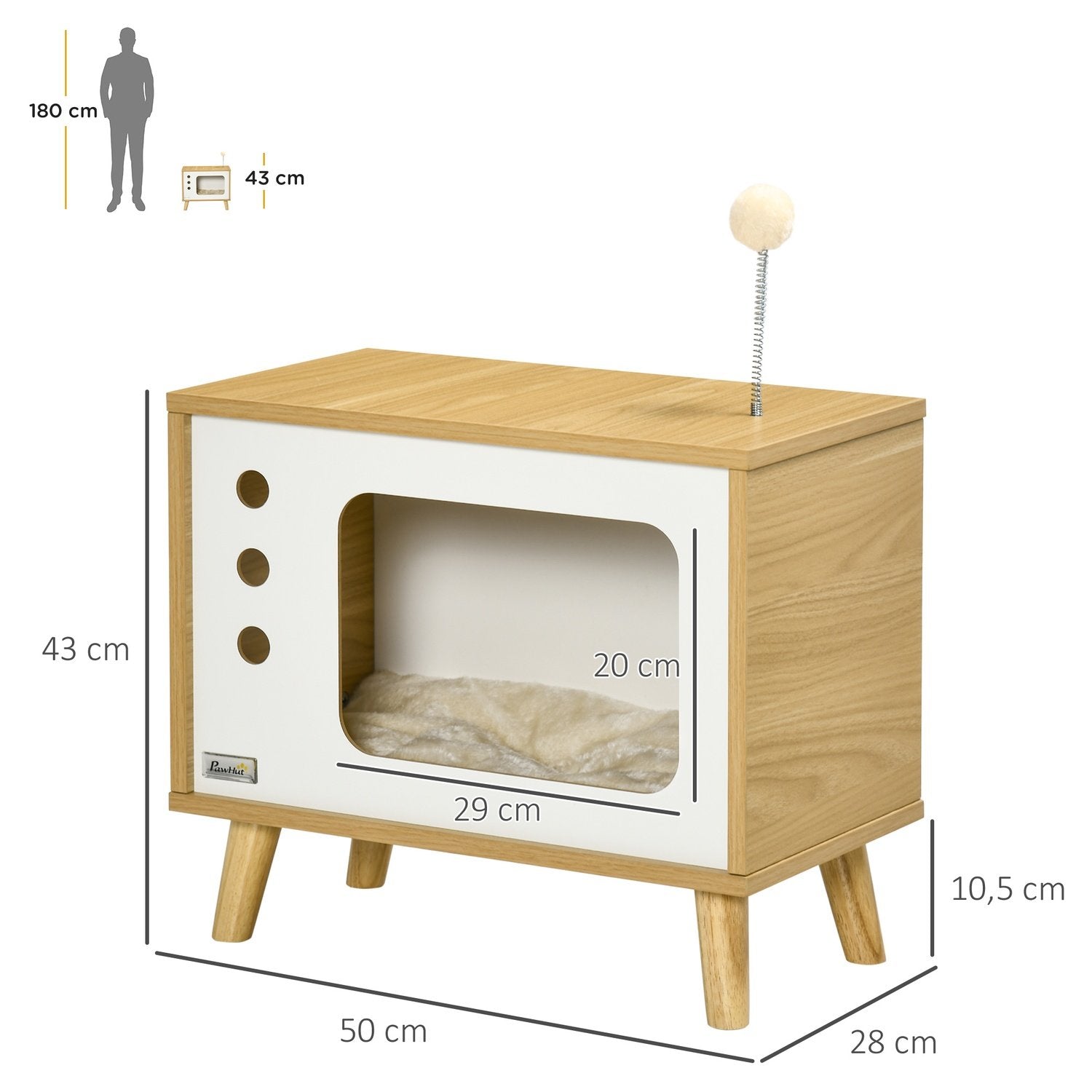 Katthus I Tv-Design, Lekboll & Kudde Ingår, Kattkorg, Ek/Beige/Vit, 50X28X43Cm