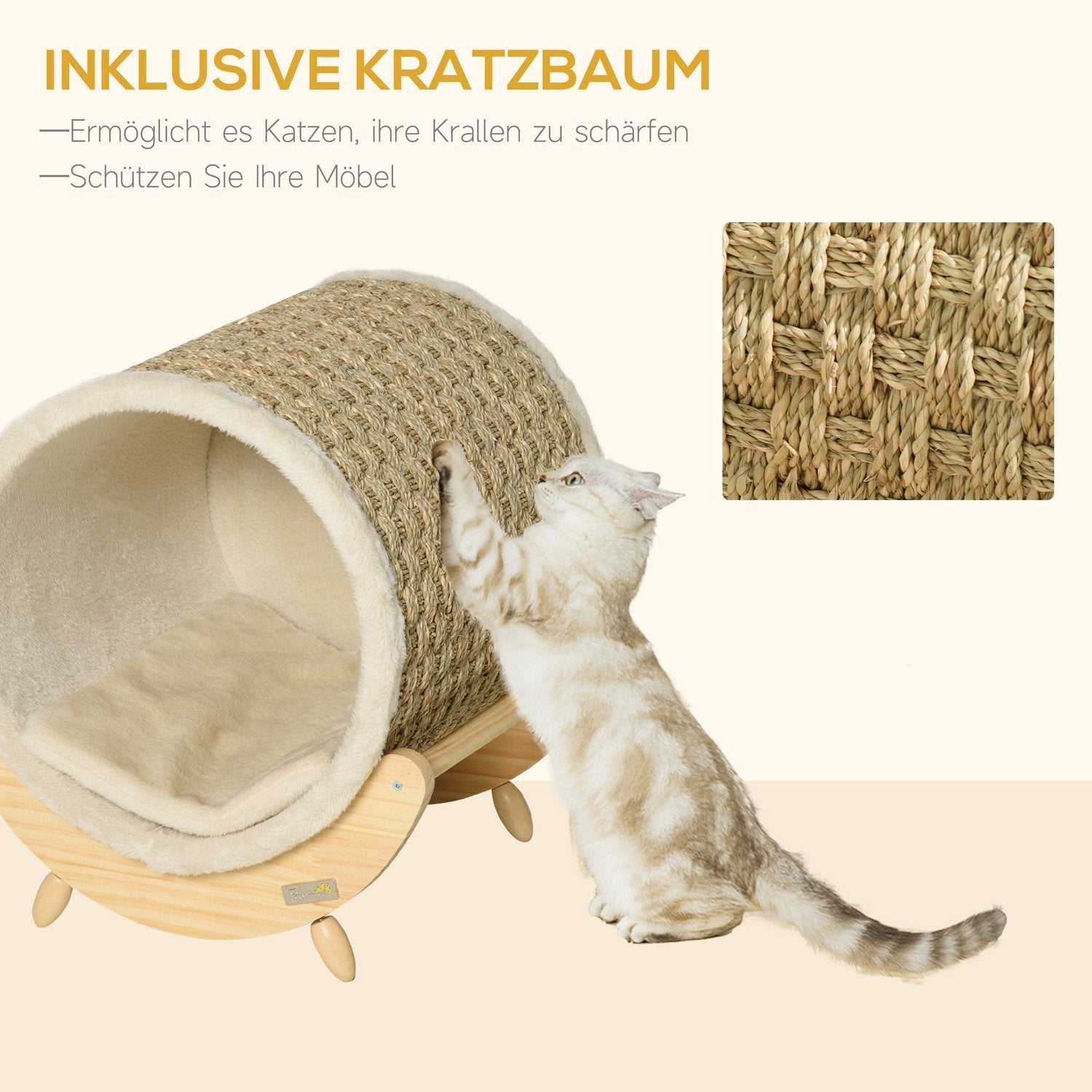 Cat Cave Med Hylla Kattsäng, Scratch Pad, Furu, Flanell, Khaki, Natur & Beige, 41X38X43Cm