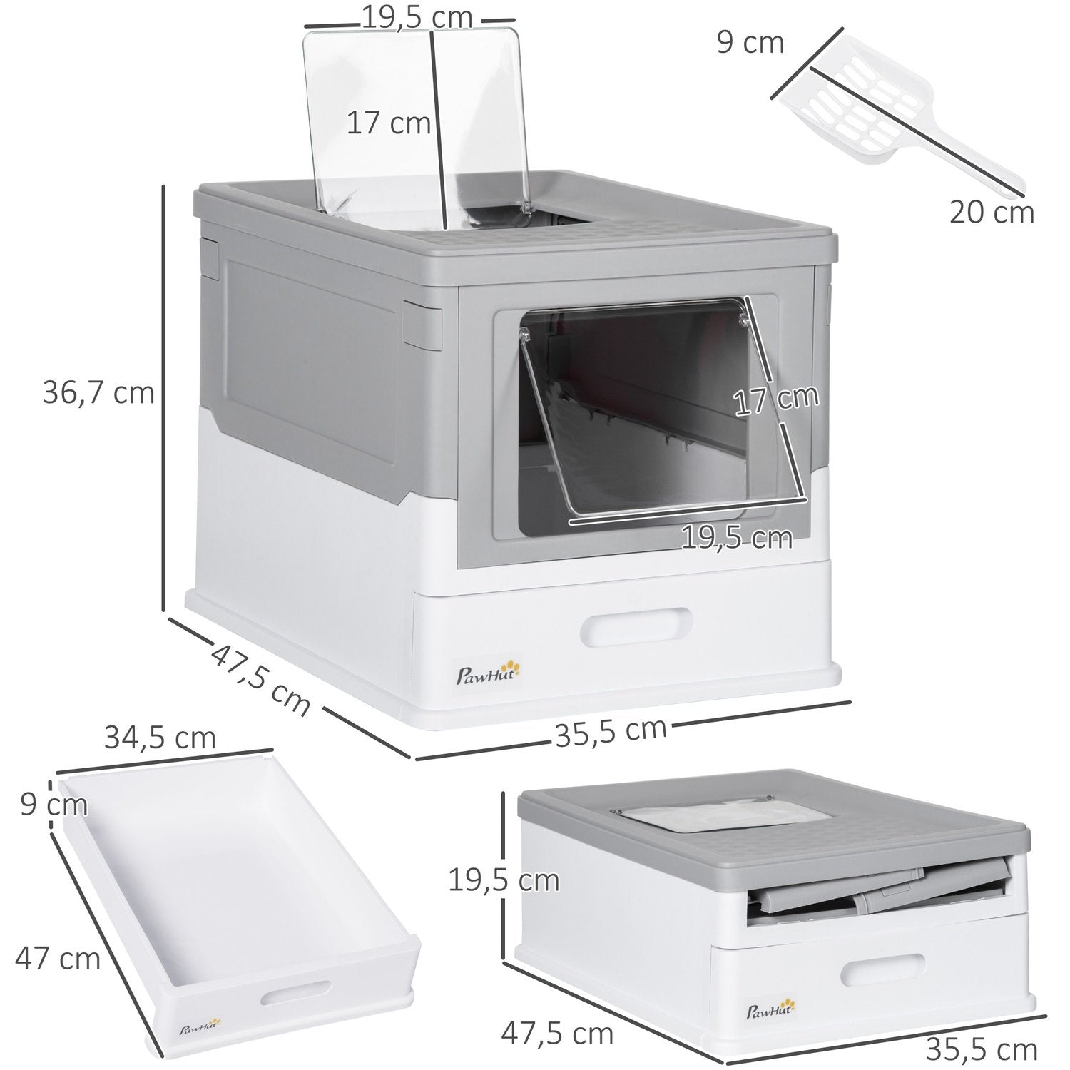 Kattesøppel med lokk Kattehus med bunnbrett og øse Deodoriseringsboks Plast Hvit + Grå 47,5 X 35,5 X 36,7 cm