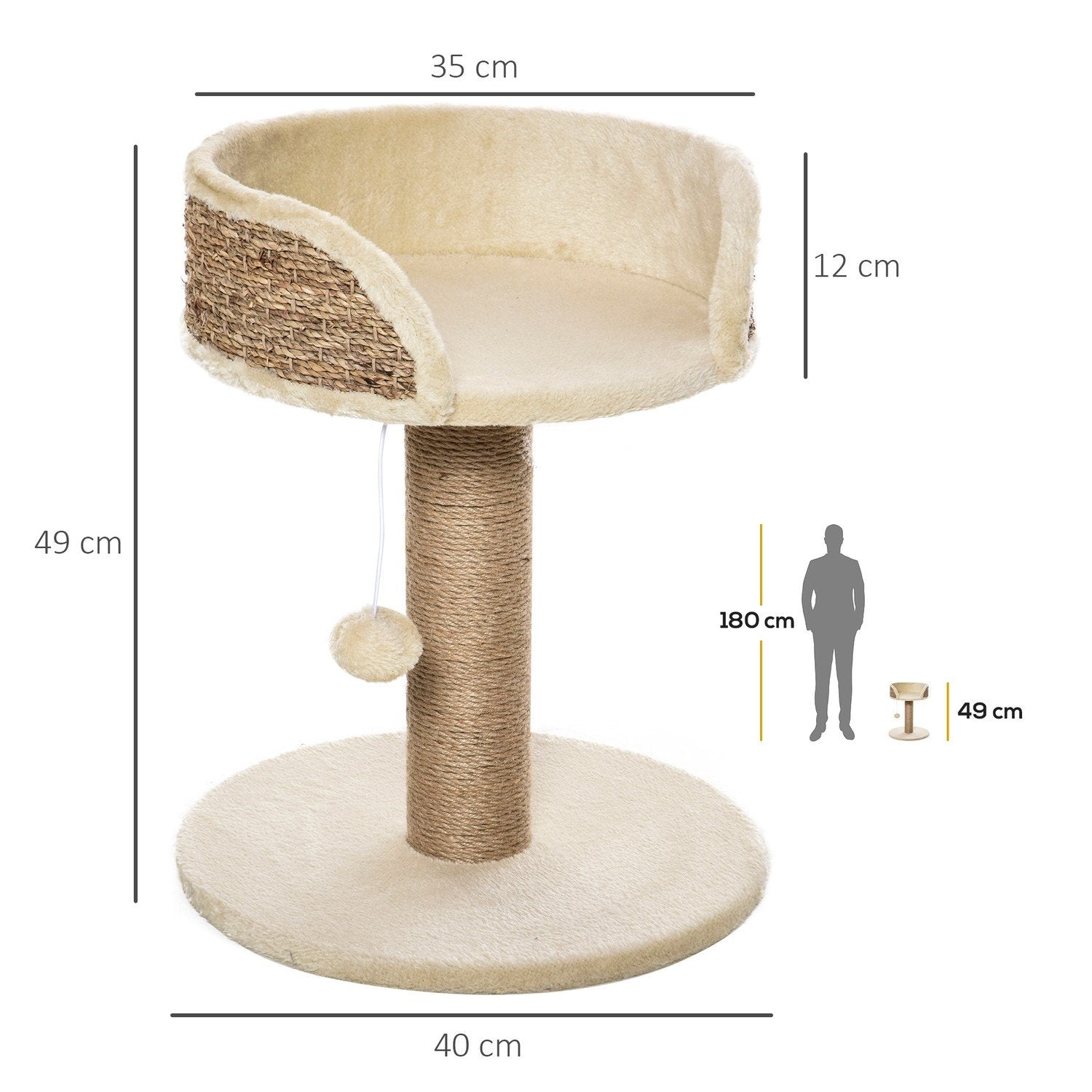 Liten skrapestolpe, 49 Cm kattetre, katteskrapestolpe med lekeball, sengematte, klatretre for katter opptil 4 kg, kattemøbler, jute, kaffe