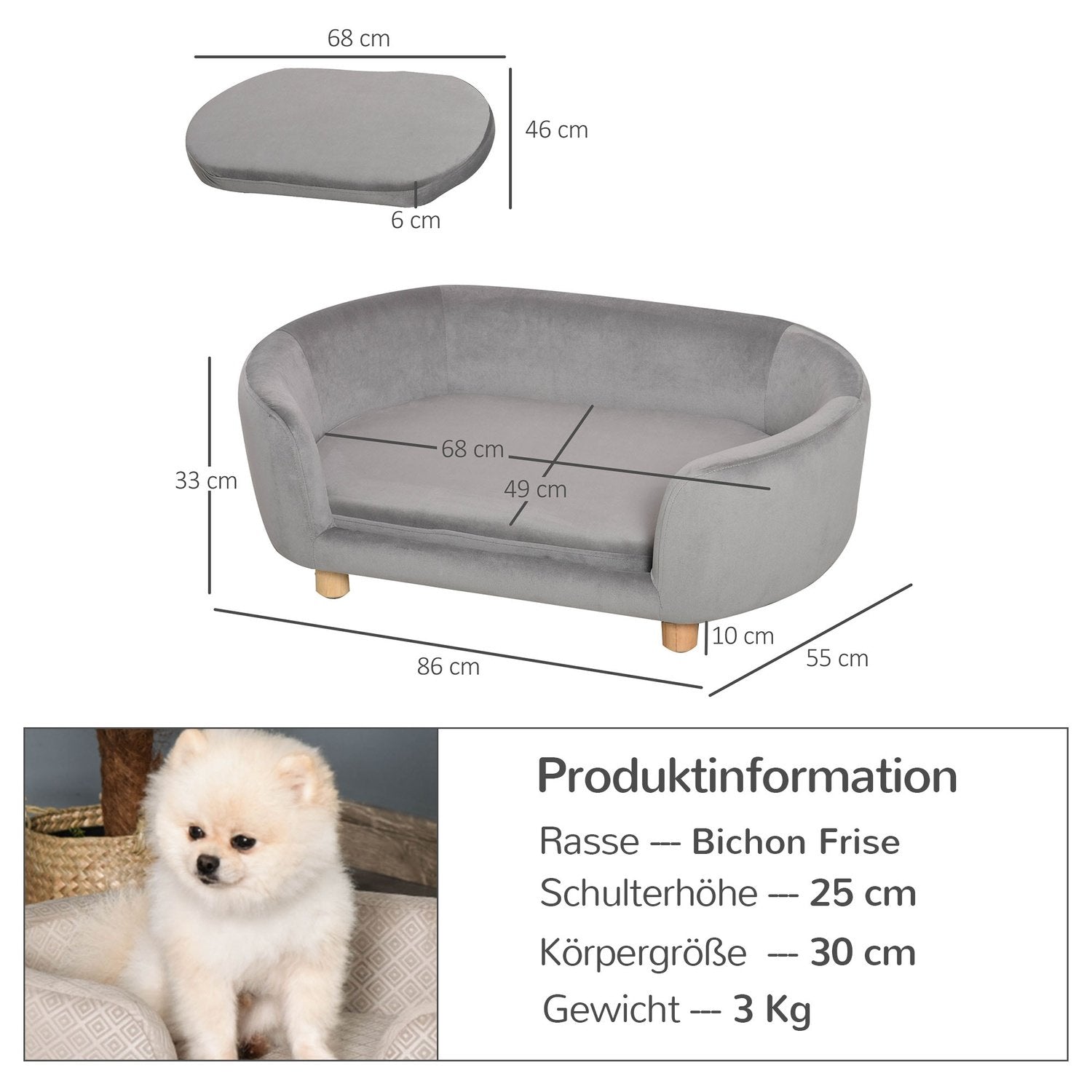 Kjæledyr Sofa Hundesofa Hundeseng med nederlandsk fløyelsskum Bjørkeben for katter Hunder 86 X 55 X 33 Cm Lys grå