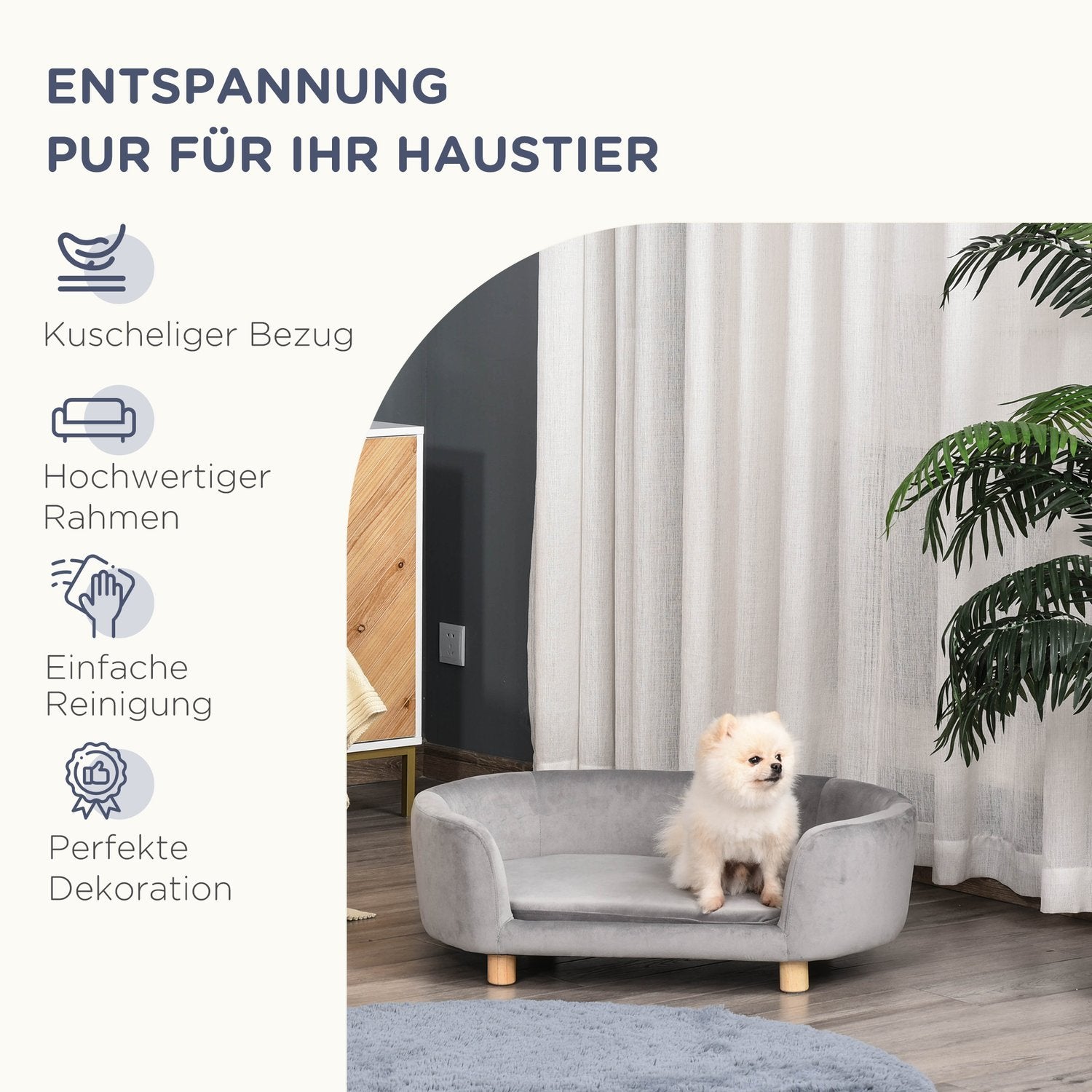 Kjæledyr Sofa Hundesofa Hundeseng med nederlandsk fløyelsskum Bjørkeben for katter Hunder 86 X 55 X 33 Cm Lys grå