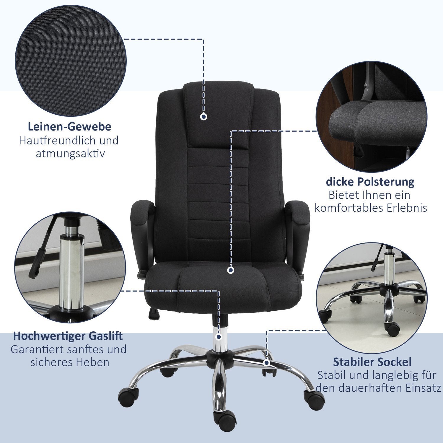 Kontorstol Datastol med vippefunksjon Nakkestøtte Ergonomisk dreibar Høydejusterbar Lin Touch Black 62 X 62 X 110-119 Cm