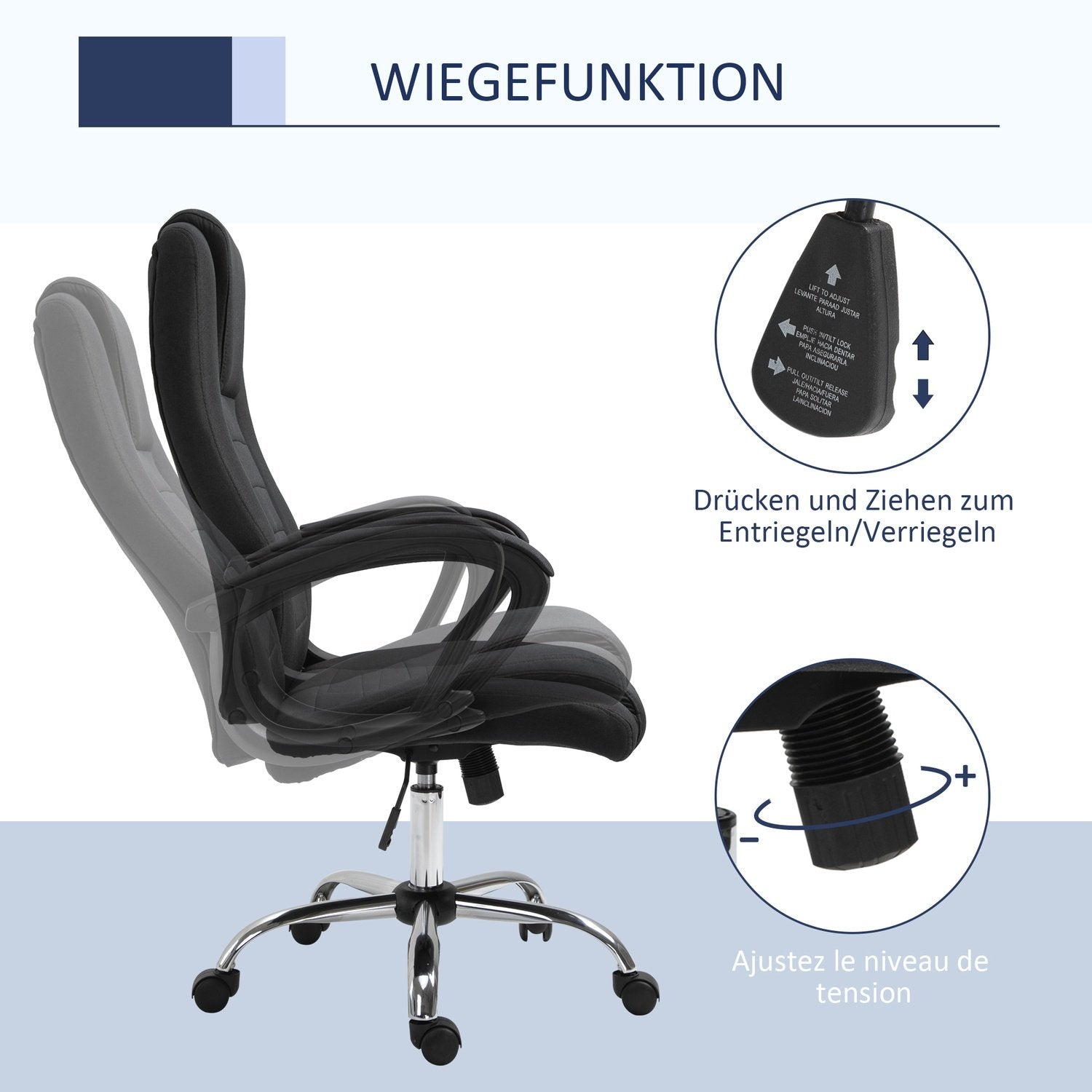 Kontorstol Datastol med vippefunksjon Nakkestøtte Ergonomisk dreibar Høydejusterbar Lin Touch Black 62 X 62 X 110-119 Cm