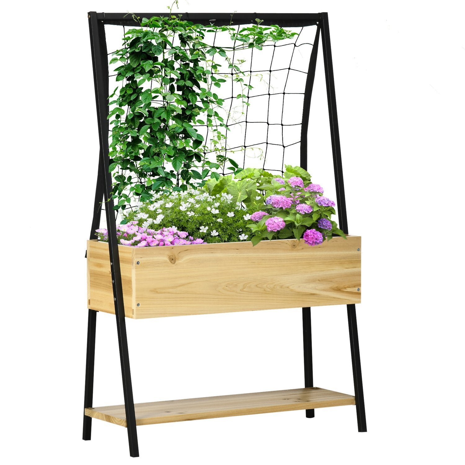 Hevet seng Trellis Plant Box med hylle og fleece innerfôr, blomsterkasse, naturlig, 80X30X128cm