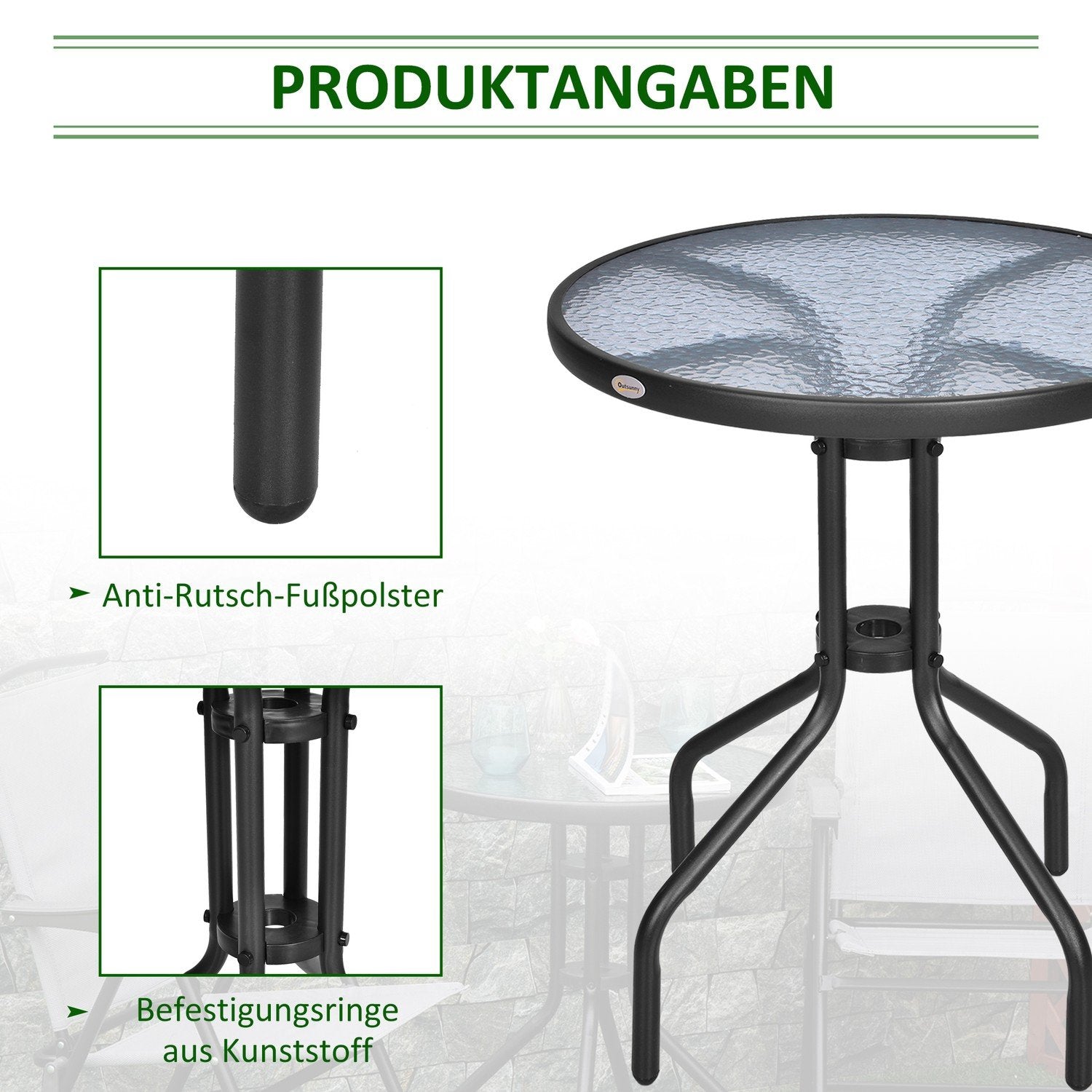 Hagebord Rundt balkongbord Metall Sikkerhetsglass Ø60Xh70Cm Hagebalkong