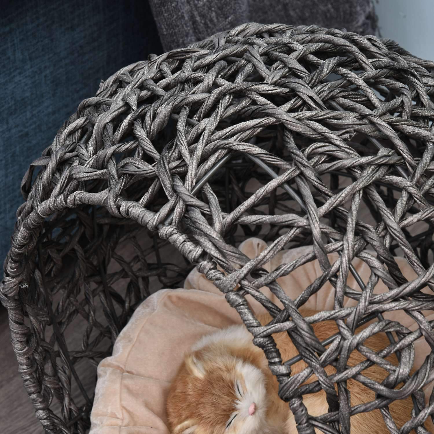 Rattan Cat House Elegant Kattgrotta Med Kuddar, Upphöjda Fötter, Silvergrå, Ø52X58Cm