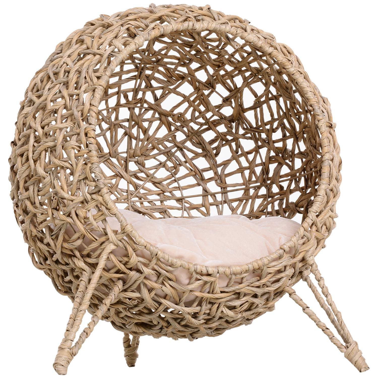 Pe Rattan kattehus med puter, kattesoveplass, kattehule med hevede føtter, naturlig, Ø52 X 58 cm