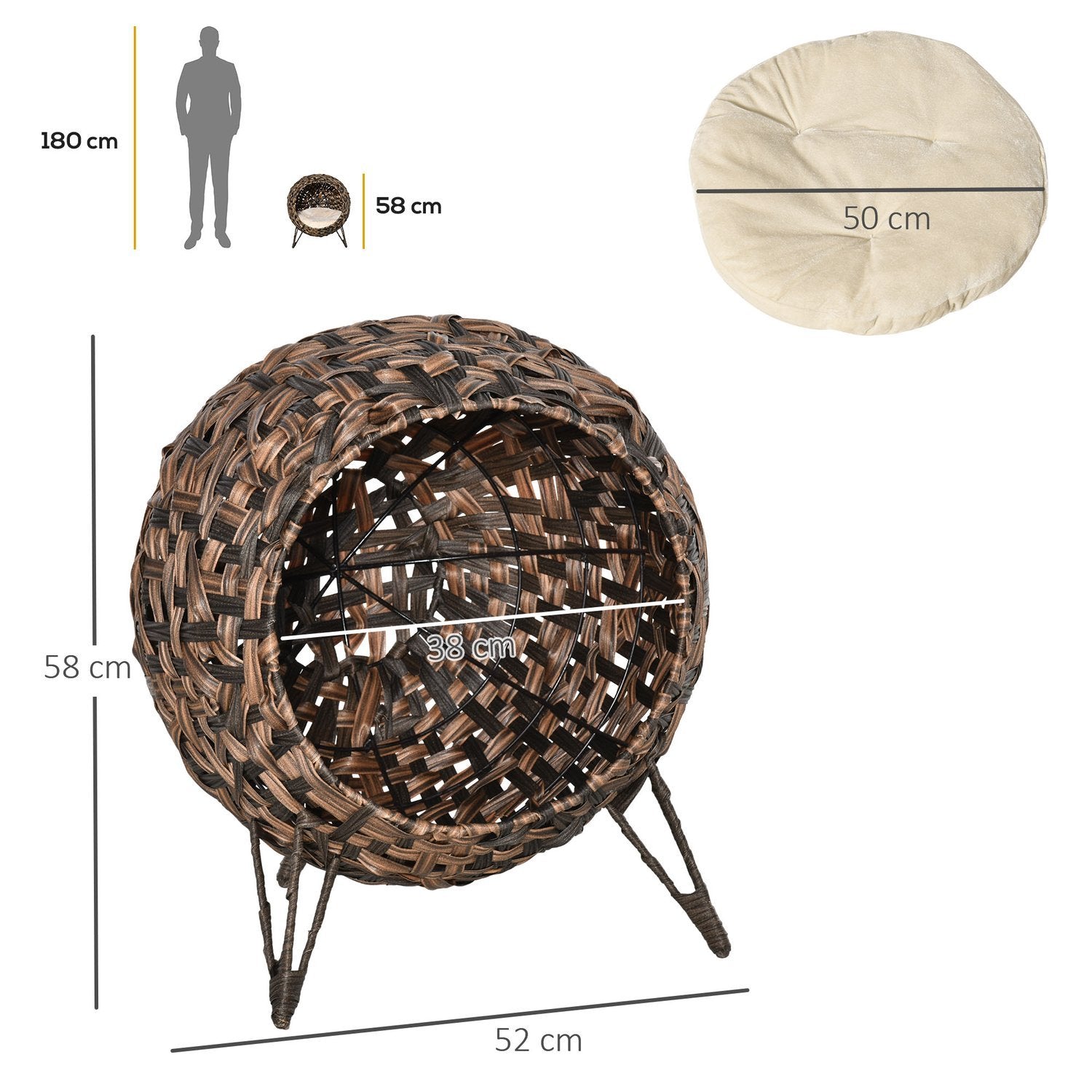 Rattan Katt Sängkudde Upphöjda Fötter Katt Sovplats Brun Ø52X58Cm