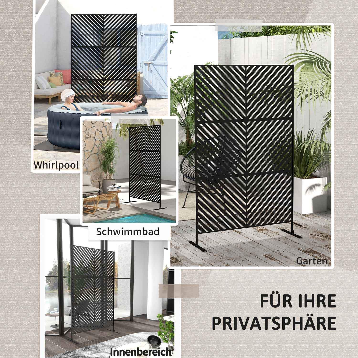 Garden Privacy Screen 122X198Cm Romdeler med trekantmønster, ståldeler og stativ for balkong, uteplass, svart