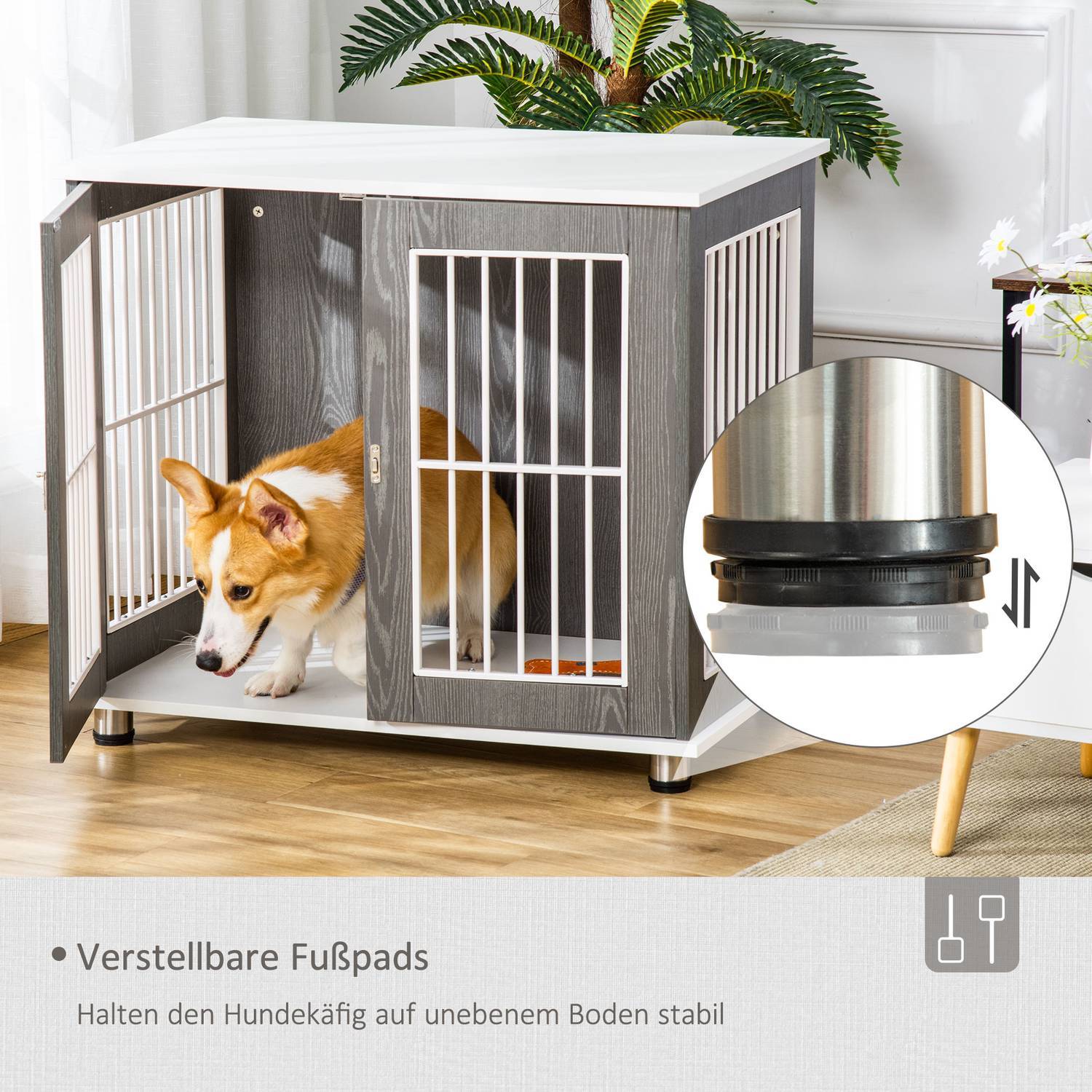 Hundekennel transportkasse i tre med bordplate og pute, bur for små dyr, sidebord, grå+hvit, 85x55x75 cm