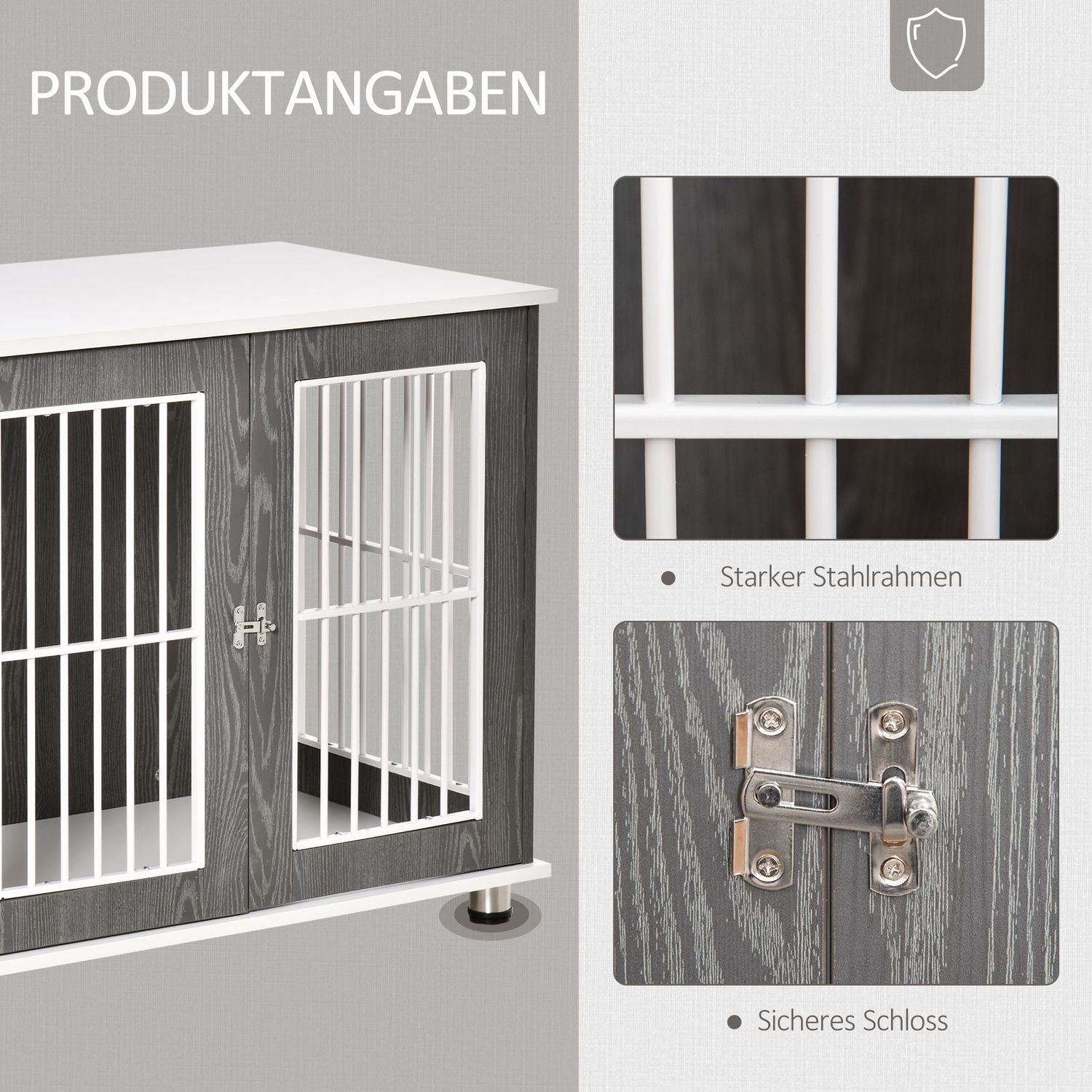 Hundekennel transportkasse i tre med bordplate og pute, bur for små dyr, sidebord, grå+hvit, 85x55x75 cm