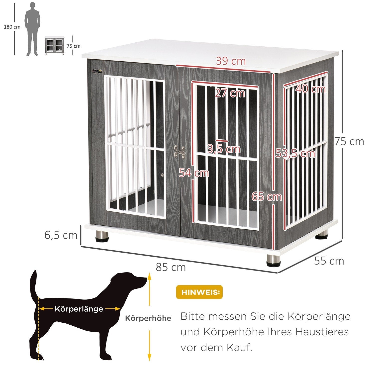 Hundekennel transportkasse i tre med bordplate og pute, bur for små dyr, sidebord, grå+hvit, 85x55x75 cm