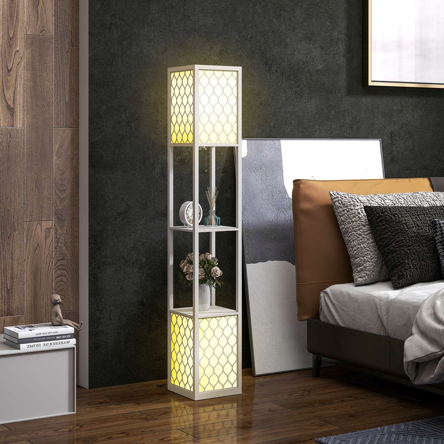 Modern golvlampa med hyllor, dragkedja, svart/vit