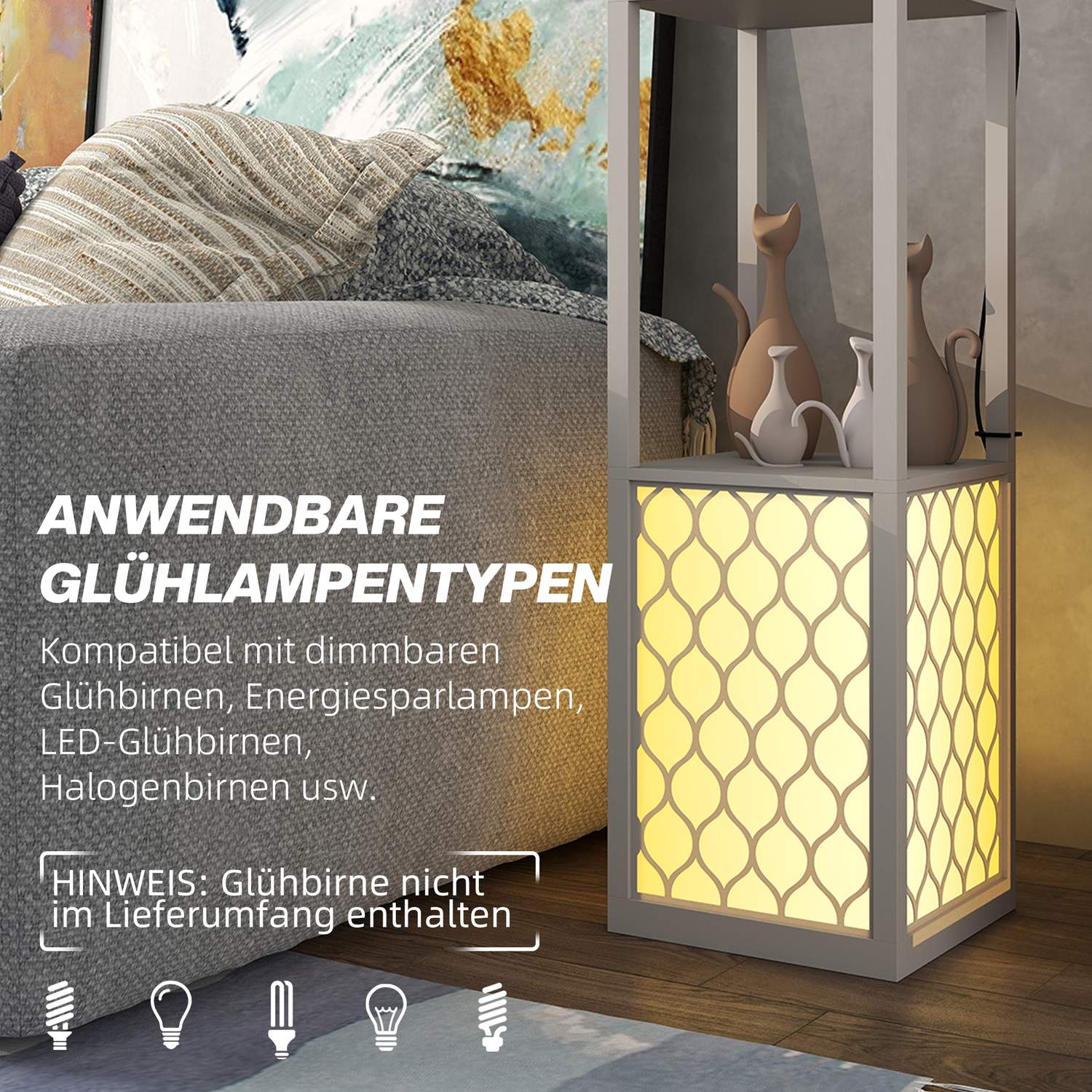 Modern golvlampa med hyllor, dragkedja, svart/vit