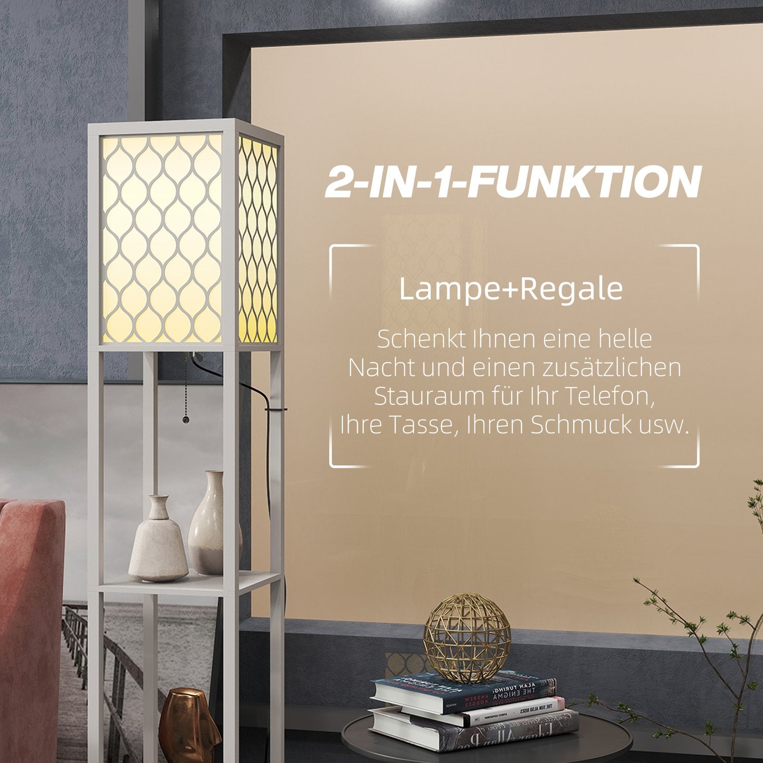 Modern golvlampa med hyllor, dragkedja, svart/vit