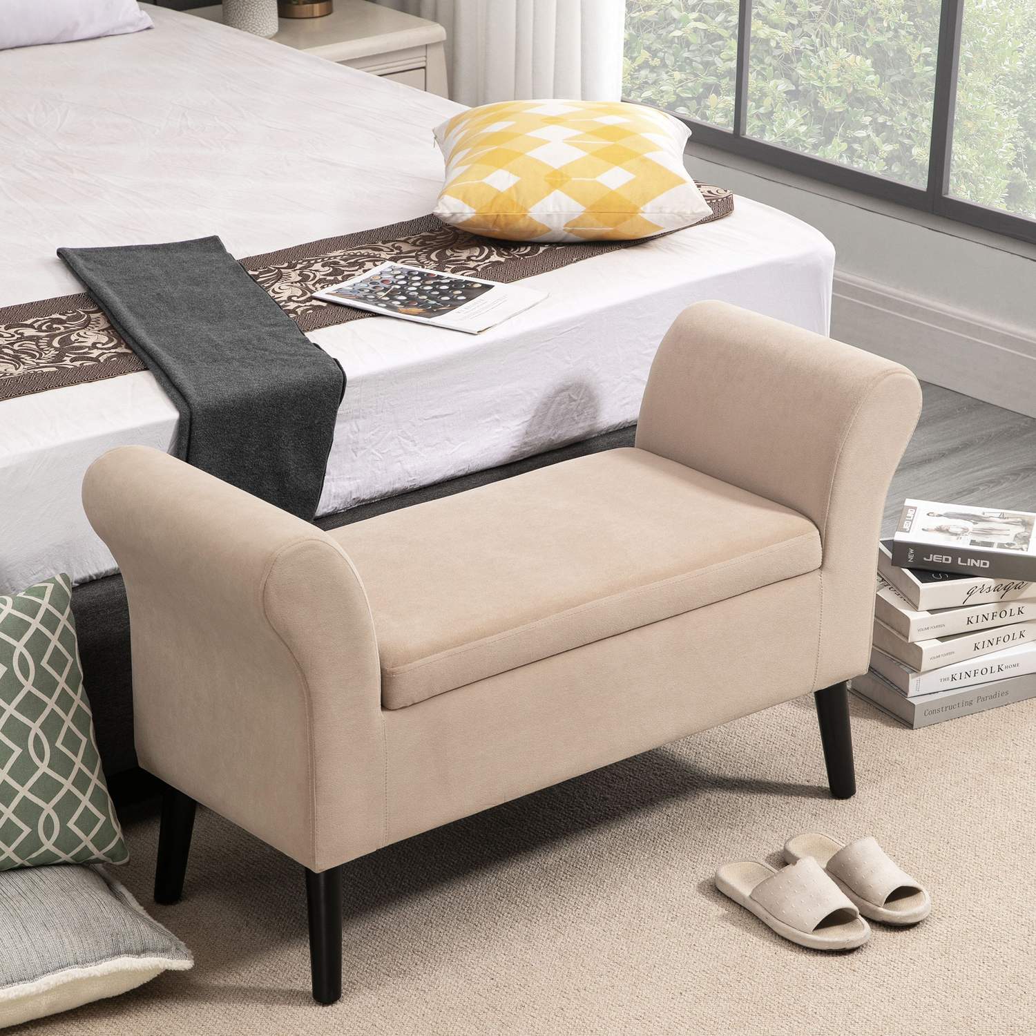 Modern stoppad bänk med förvaring, sammetslena tyg