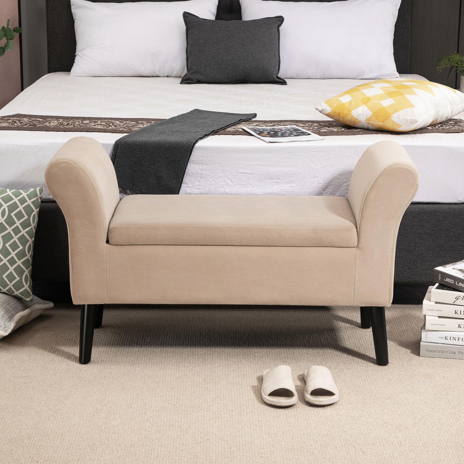 Modern stoppad bänk med förvaring, sammetslena tyg