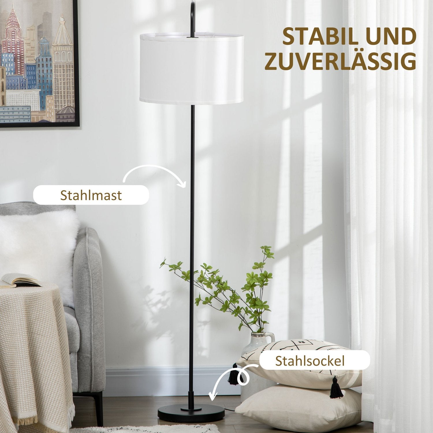Modern svart metall golvlampa med lampskärm, 180 cm sladd