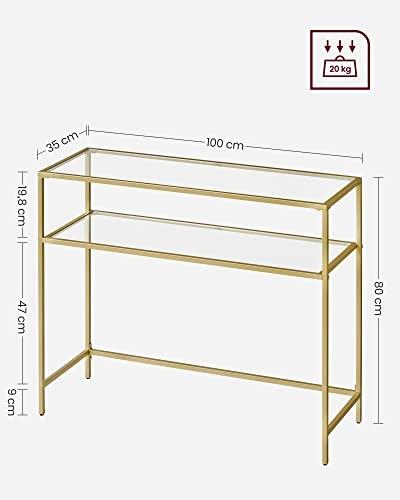 Modernt konsolbord i guld med hyllor i härdat glas