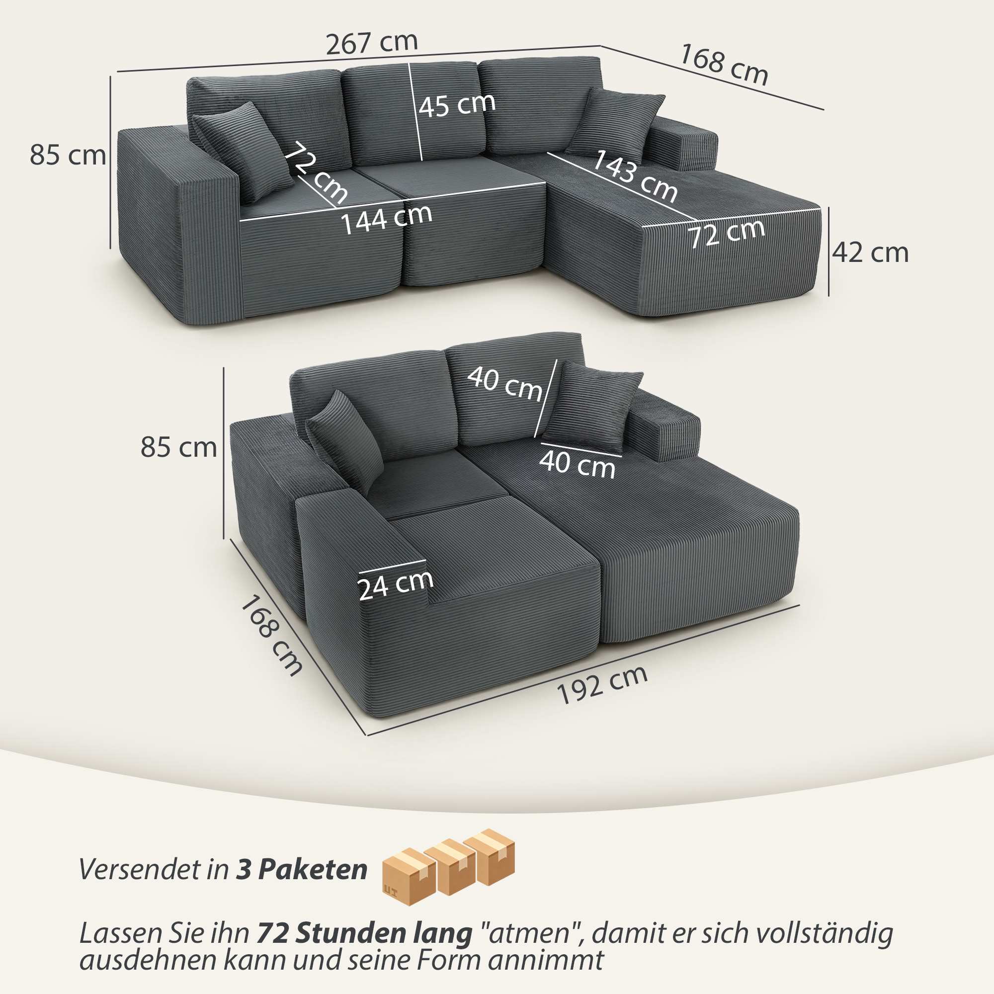 Modulär L-formad bäddsoffa, djup sits, manchester, mörkgrå